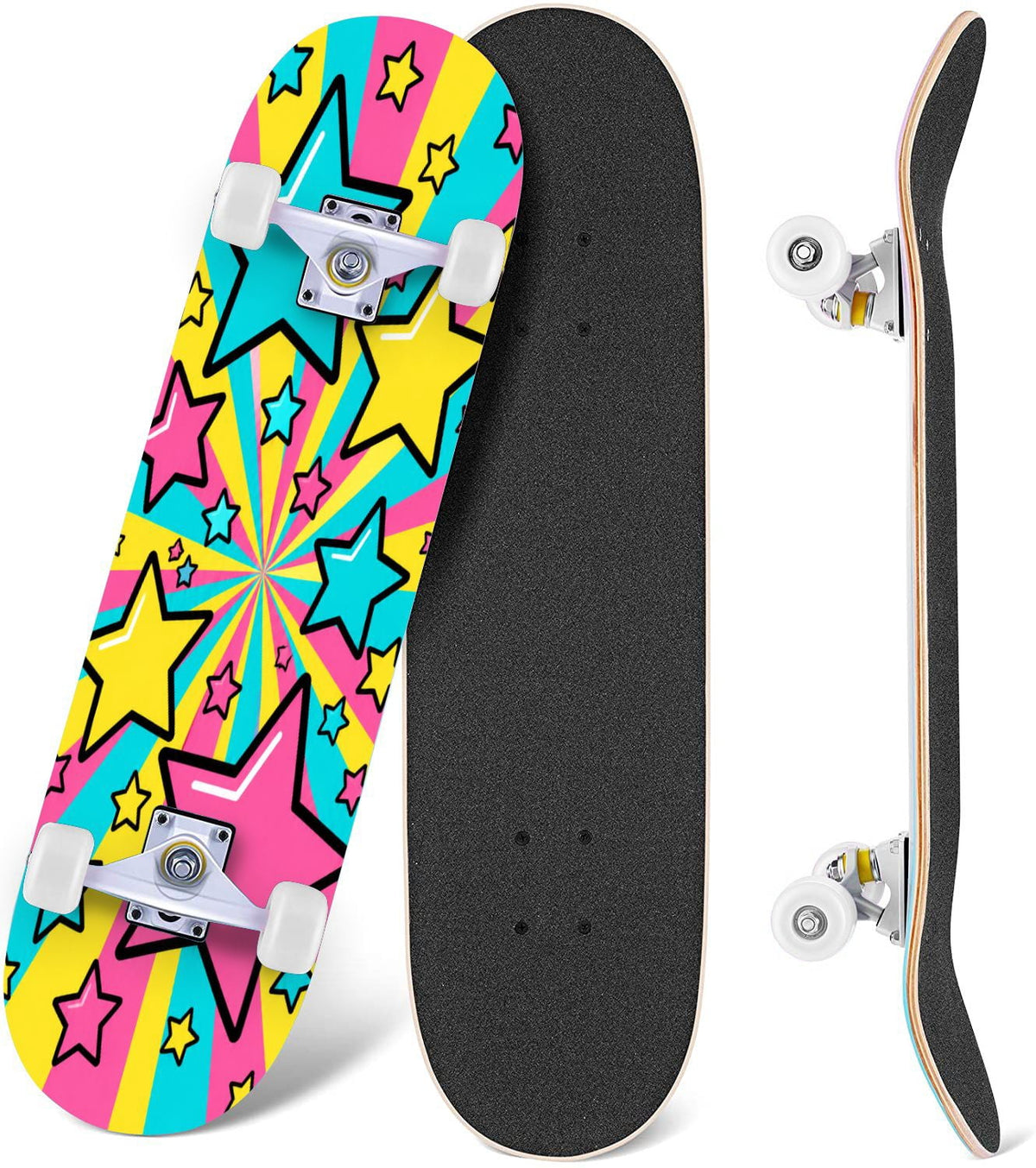 Complete Skateboard Vibrant Comic Eye 31 Inch 7-Ply Maple Skateboard with PU Wheels and Aluminum Trucks, Ready-to-Ride Skateboard for Beginners, Teens and Adults