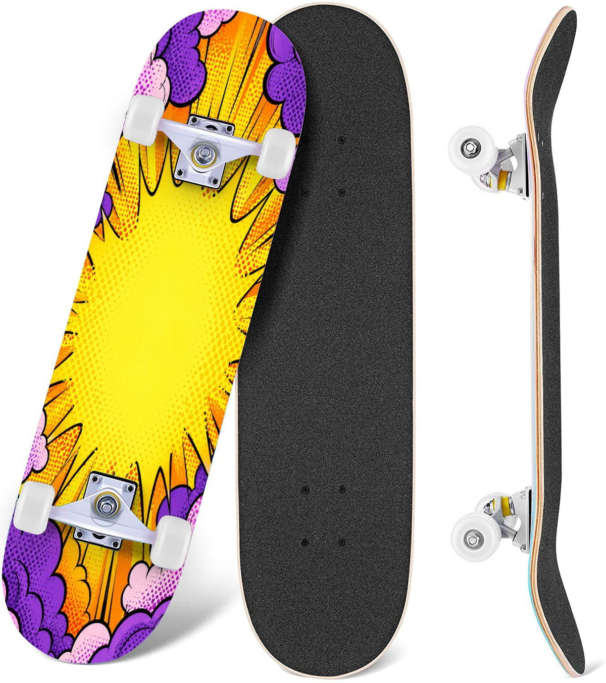 Complete Skateboard Colorful Hearts Graffiti 31 Inch 7-Ply Maple Skateboard with PU Wheels and Aluminum Trucks, Ready-to-Ride Skateboard for Beginners, Teens and Adults