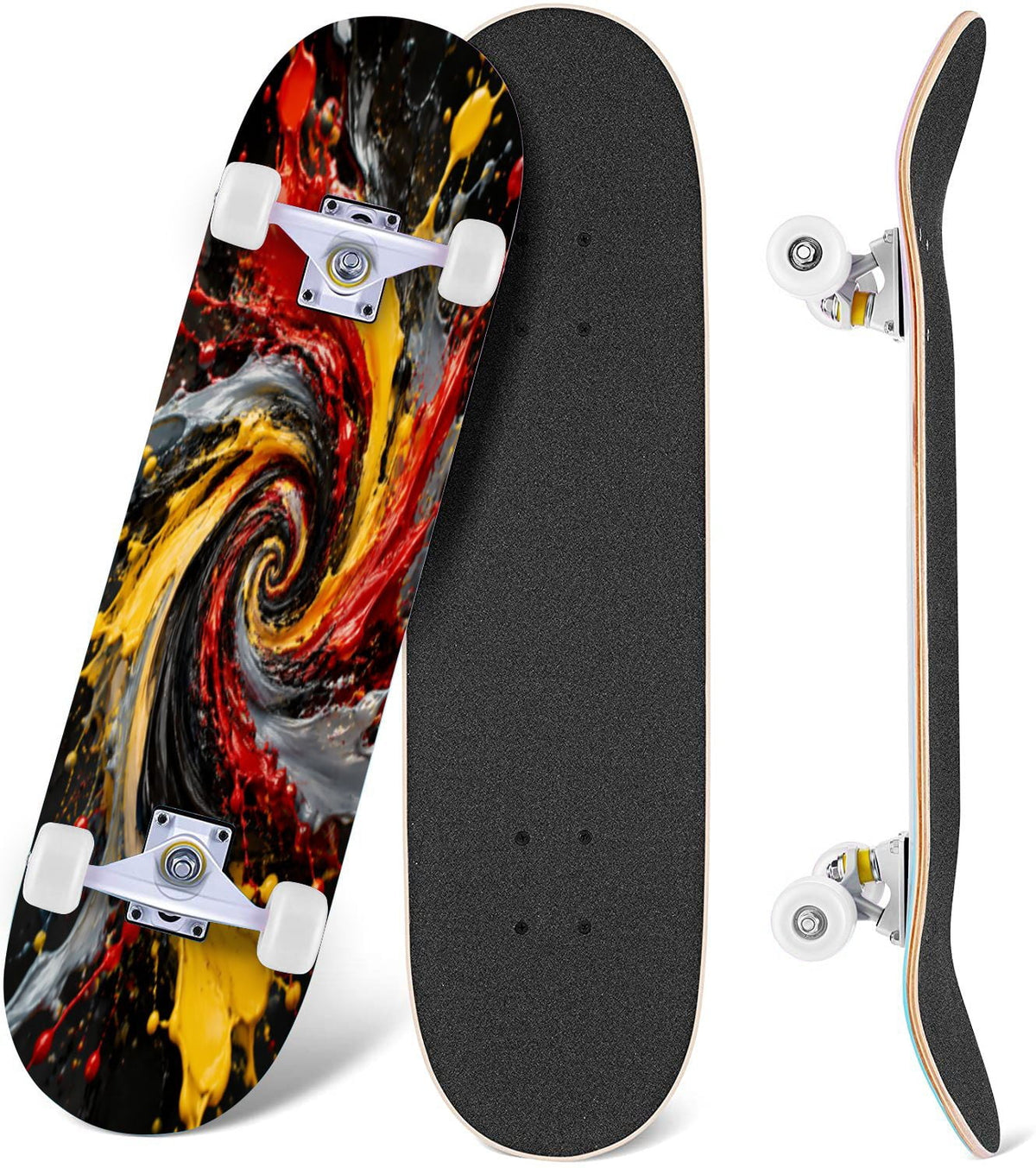 Complete Skateboard Vibrant Multicolored Abstract 31 Inch 7-Ply Maple Skateboard with PU Wheels and Aluminum Trucks, Ready-to-Ride Skateboard for Beginners, Teens and Adults