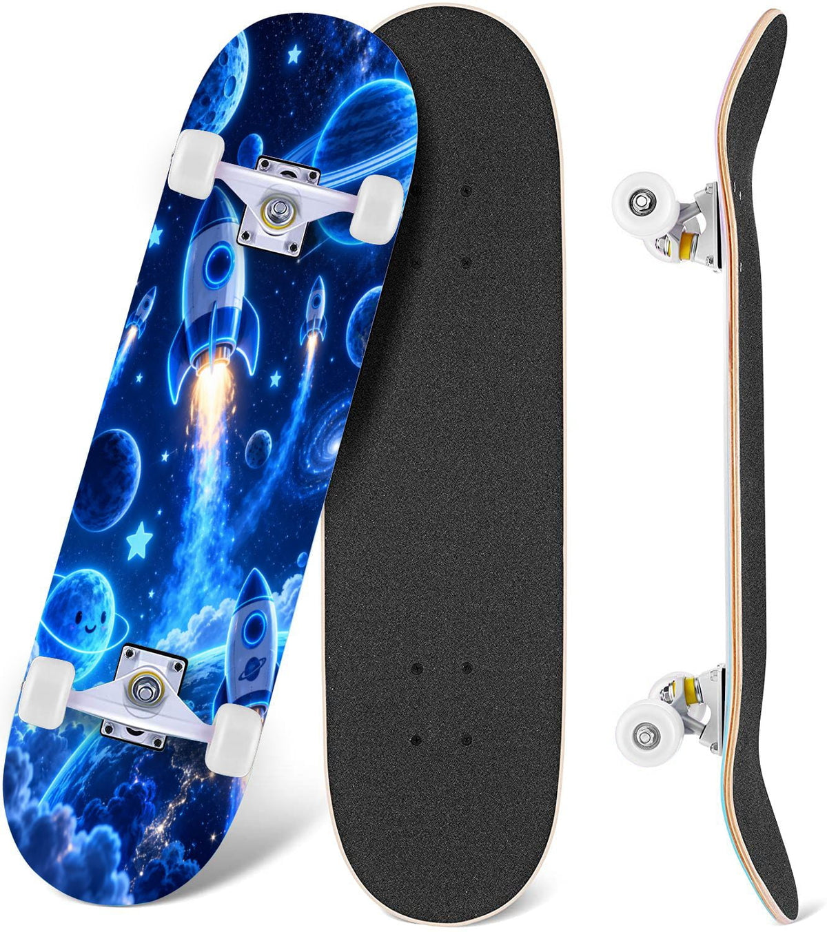 Complete Skateboard Futuristic Space 31 Inch 7-Ply Maple Skateboard with PU Wheels and Aluminum Trucks, Ready-to-Ride Skateboard for Beginners, Teens and Adults