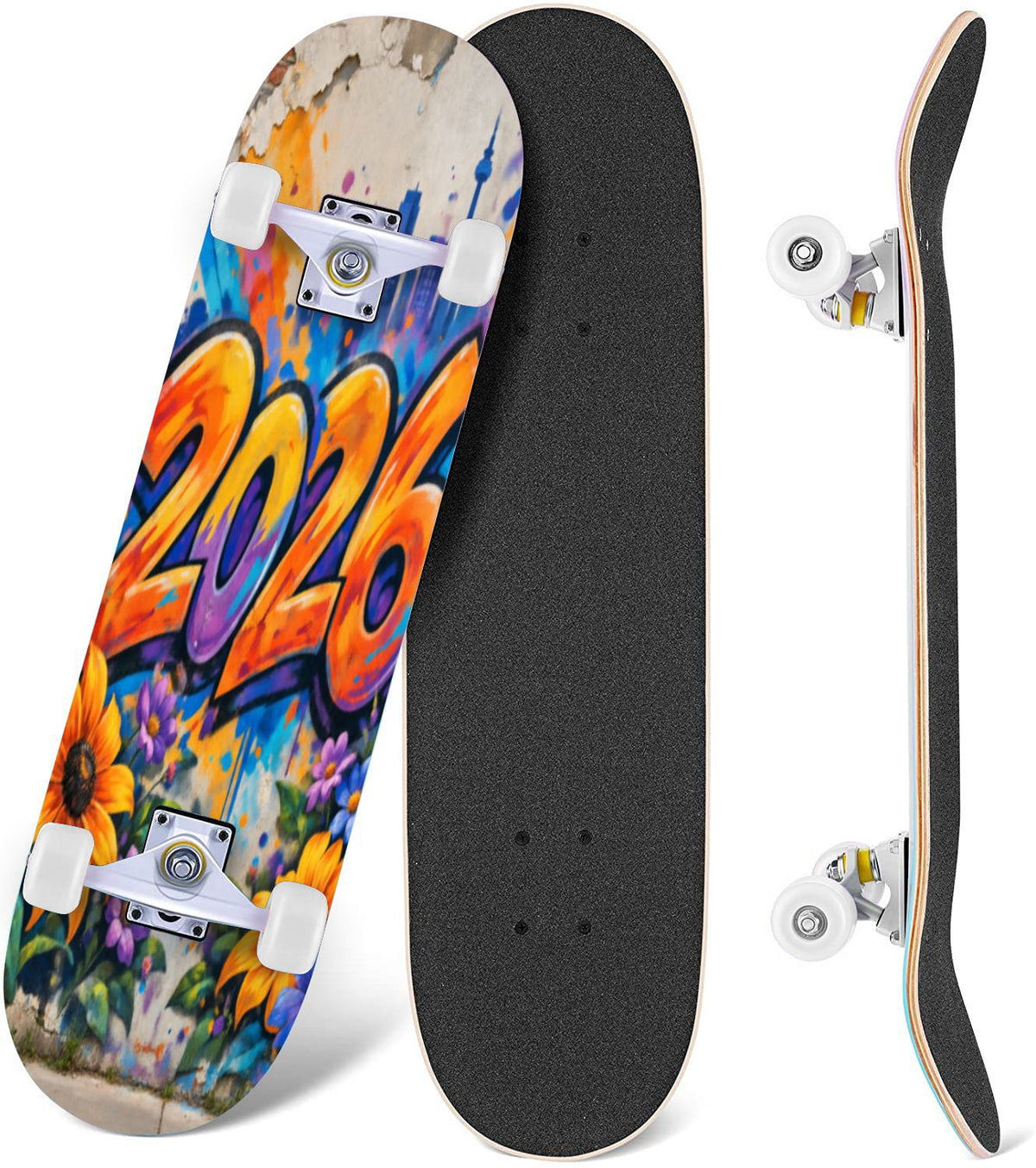 Complete Skateboard Vibrant Multicolored Abstract 31 Inch 7-Ply Maple Skateboard with PU Wheels and Aluminum Trucks, Ready-to-Ride Skateboard for Beginners, Teens and Adults