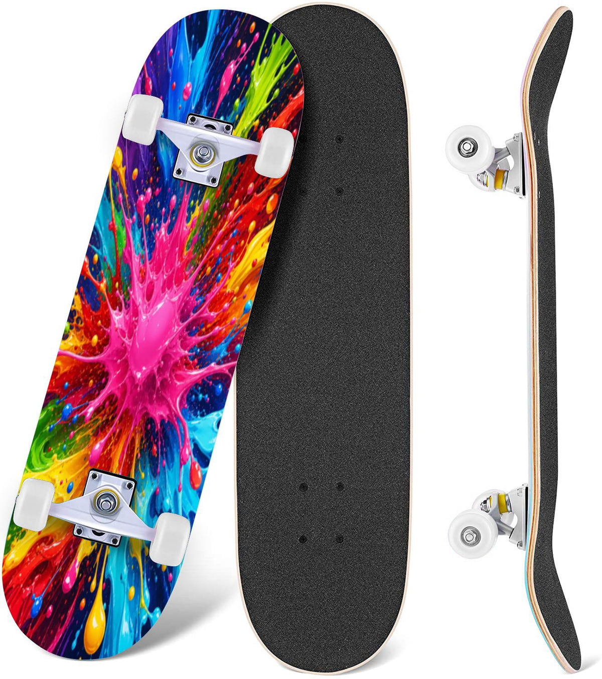 Complete Skateboard Paint Splash Explosion 31 Inch 7-Ply Maple Skateboard with PU Wheels and Aluminum Trucks, Ready-to-Ride Skateboard for Beginners, Teens and Adults