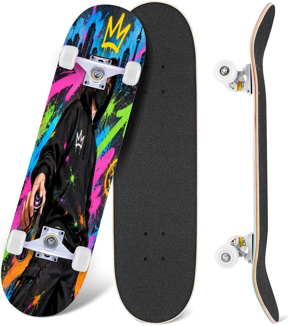 Complete Skateboard Vibrant Swirling Abstract 31 Inch 7-Ply Maple Skateboard with PU Wheels and Aluminum Trucks, Ready-to-Ride Skateboard for Beginners, Teens and Adults
