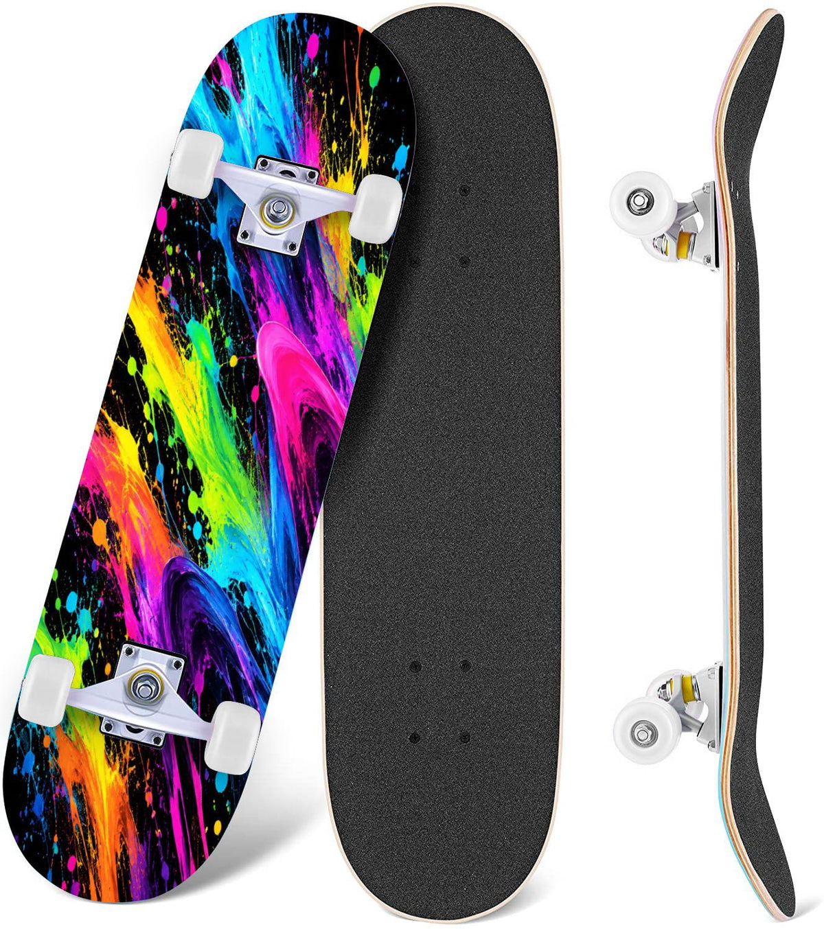 Complete Skateboard Colorful Heart Swirls 31 Inch 7-Ply Maple Skateboard with PU Wheels and Aluminum Trucks, Ready-to-Ride Skateboard for Beginners, Teens and Adults