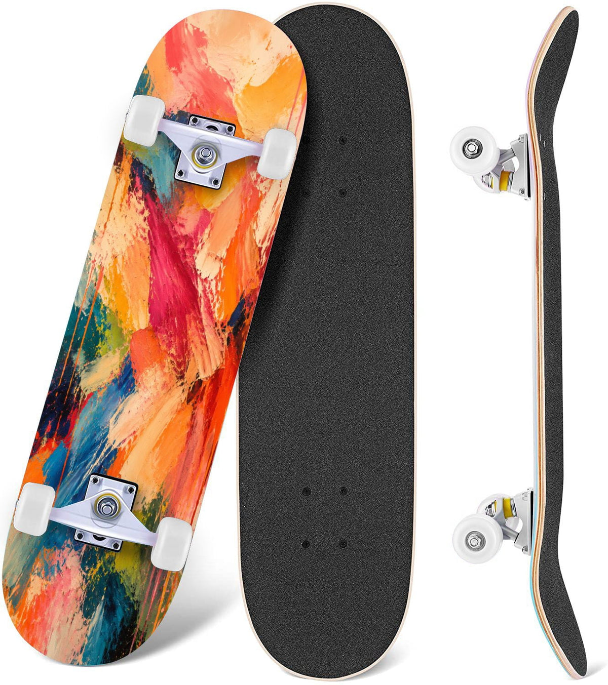 Complete Skateboard Colorful Splash Art Headphones 31 Inch 7-Ply Maple Skateboard with PU Wheels and Aluminum Trucks, Ready-to-Ride Skateboard for Beginners, Teens and Adults