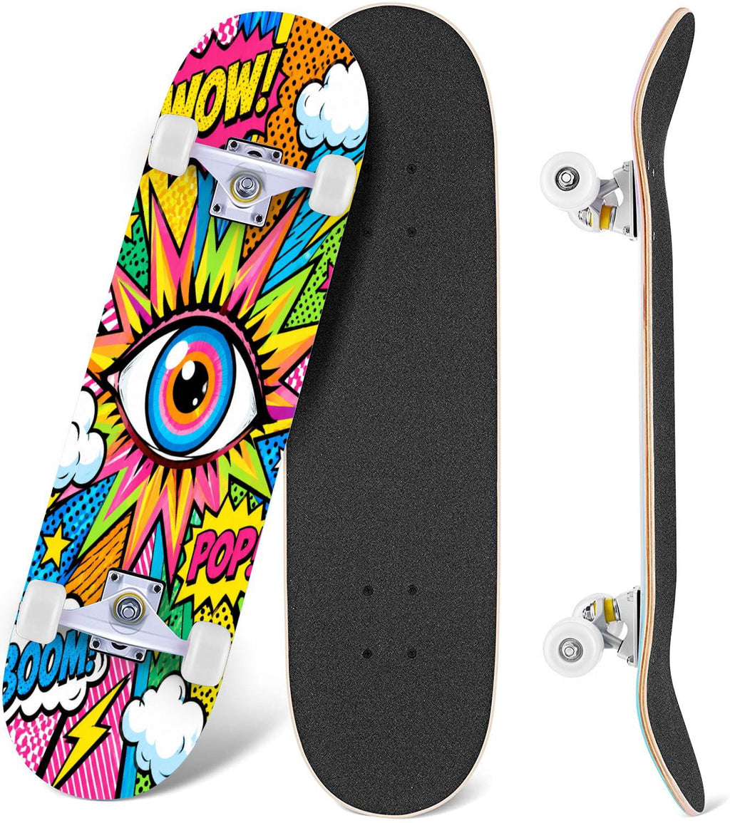 Complete Skateboard Vibrant Comic Eye 31 Inch 7-Ply Maple Skateboard with PU Wheels and Aluminum Trucks, Ready-to-Ride Skateboard for Beginners, Teens and Adults