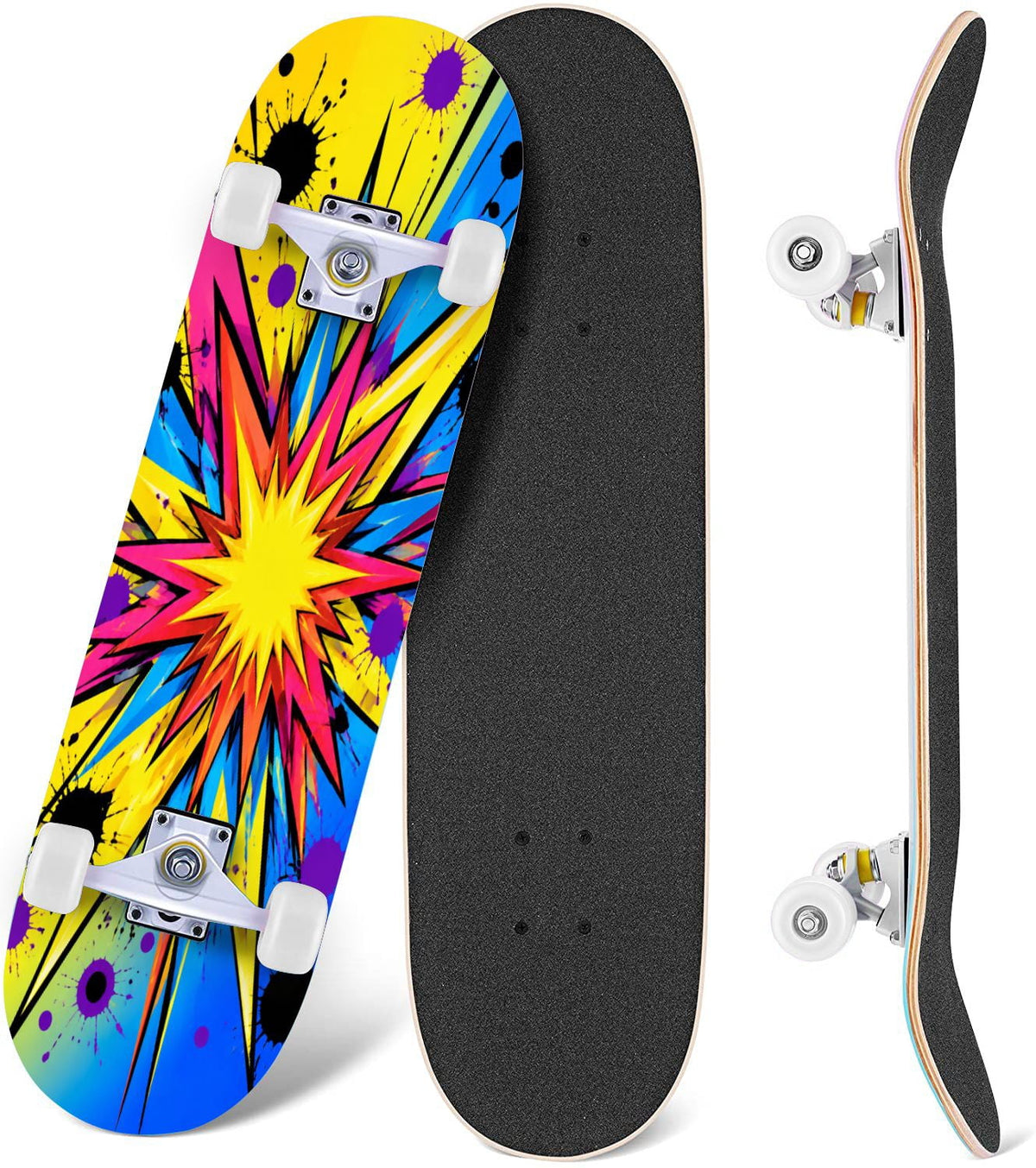 Complete Skateboard Futuristic Space 31 Inch 7-Ply Maple Skateboard with PU Wheels and Aluminum Trucks, Ready-to-Ride Skateboard for Beginners, Teens and Adults