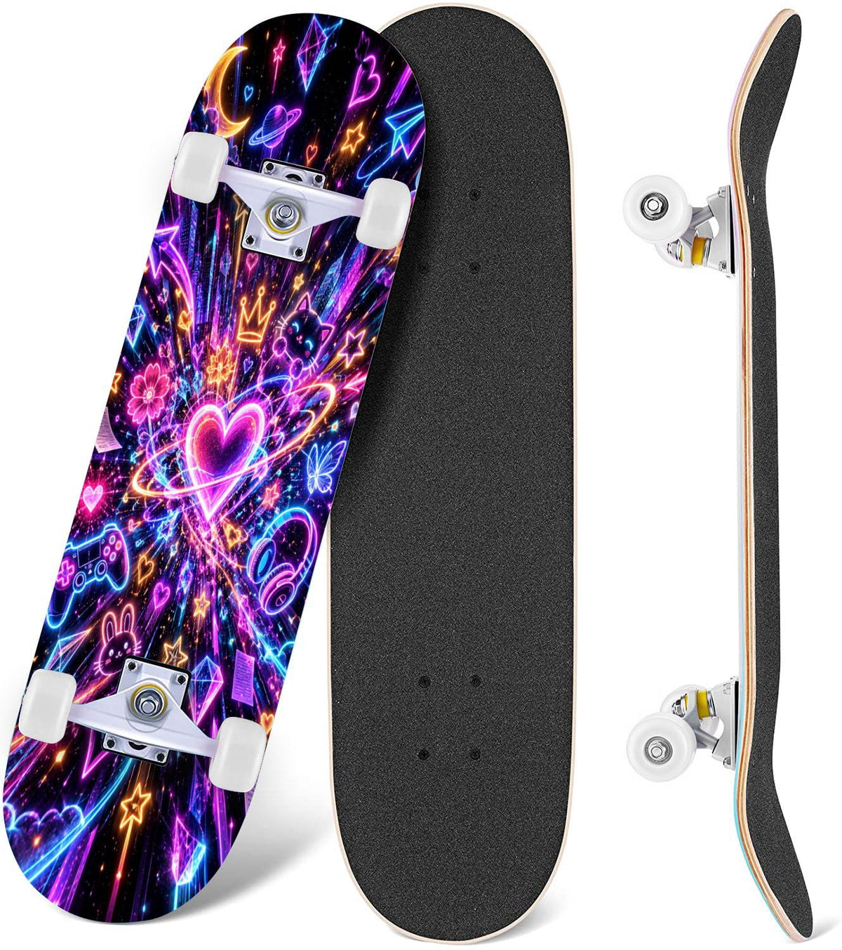 Complete Skateboard Colorful Hearts Graffiti 31 Inch 7-Ply Maple Skateboard with PU Wheels and Aluminum Trucks, Ready-to-Ride Skateboard for Beginners, Teens and Adults