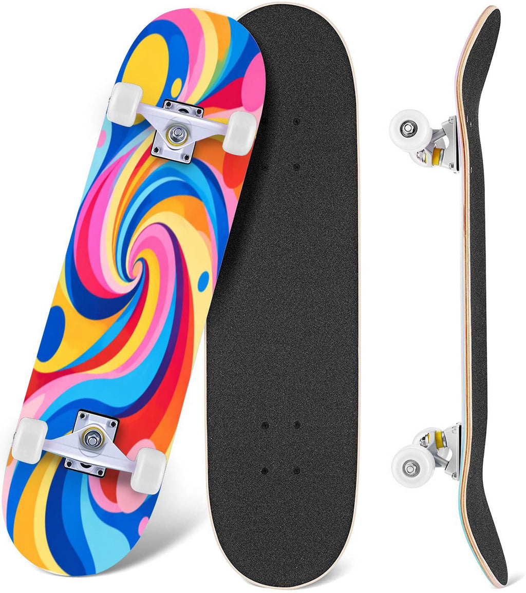Complete Skateboard Vibrant Swirling Abstract 31 Inch 7-Ply Maple Skateboard with PU Wheels and Aluminum Trucks, Ready-to-Ride Skateboard for Beginners, Teens and Adults
