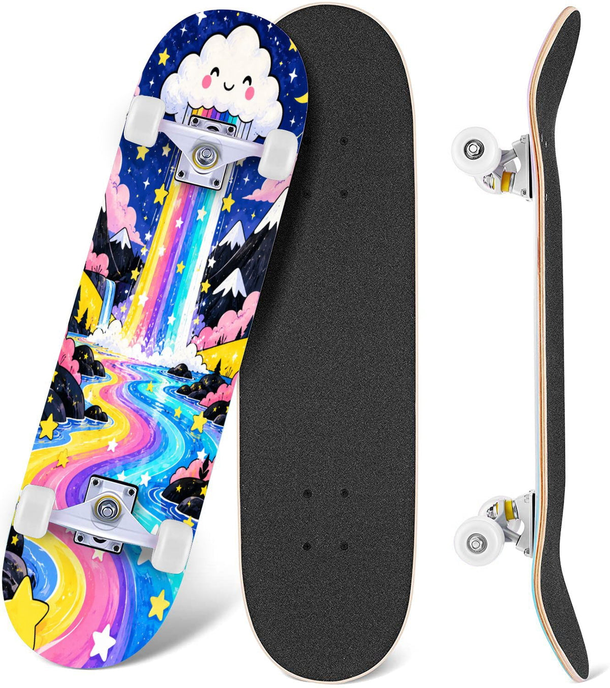 Complete Skateboard Colorful Hearts Graffiti 31 Inch 7-Ply Maple Skateboard with PU Wheels and Aluminum Trucks, Ready-to-Ride Skateboard for Beginners, Teens and Adults