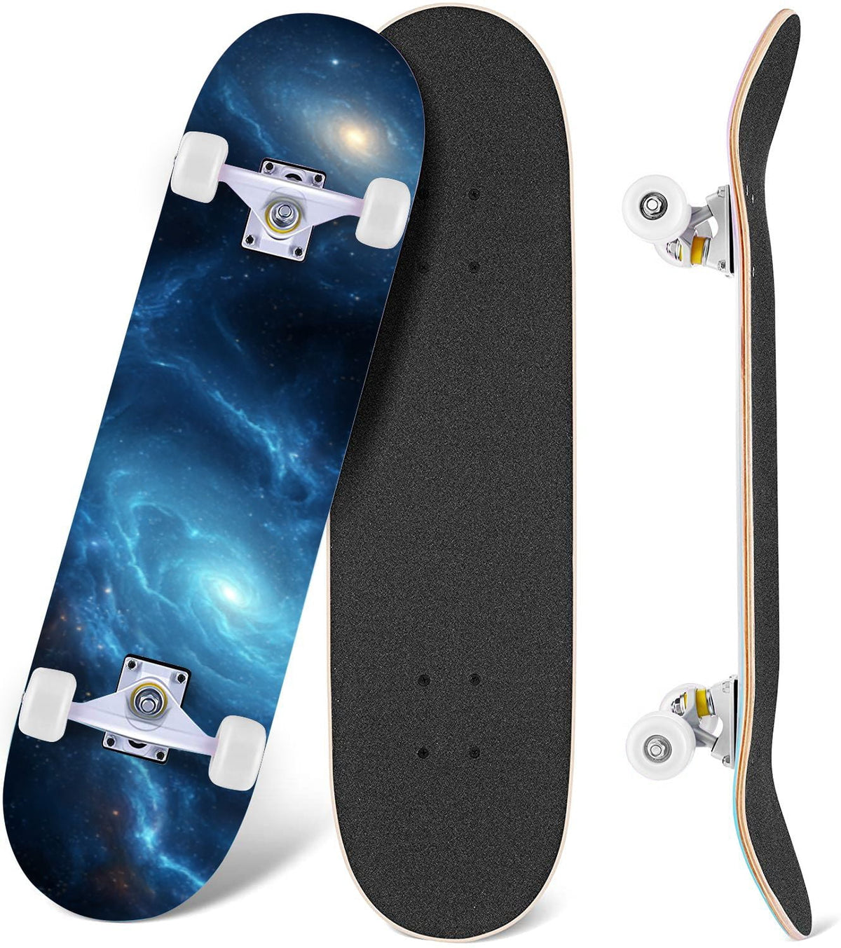 Vibrant Purple Blue Cosmic Galaxy Stars Nebula Clouds 31" x 8" Complete Skateboard, 7-Ply Canadian Maple Double Kick Trick Board for Kids and Beginners Adult Gifts