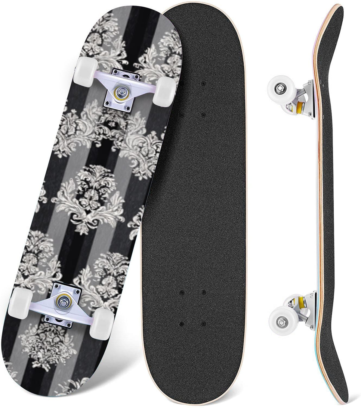 Elegant Purple Damask 31" x 8" Complete Skateboard, 7-Ply Canadian Maple Double Kick Trick Board for Kids and Beginners Adult Gifts