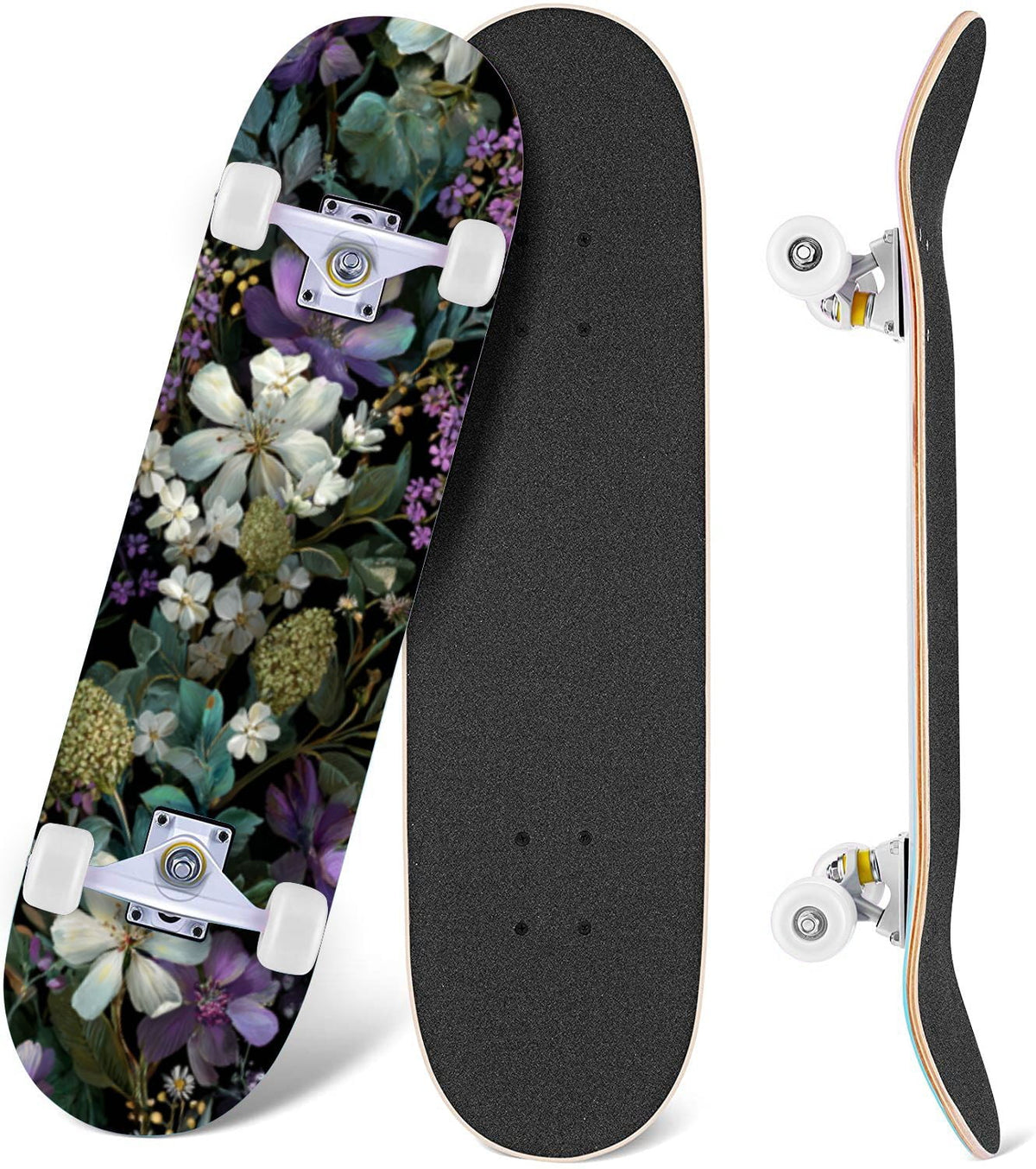 Watercolor Floral Shades Blue Grey Leaves 31" x 8" Complete Skateboard, 7-Ply Canadian Maple Double Kick Trick Board for Kids and Beginners Adult Gifts