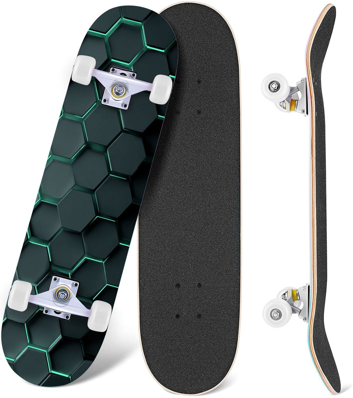 Futuristic Hexagonal Metallic Blue Glowing Orange Highlights 31" x 8" Complete Skateboard, 7-Ply Canadian Maple Double Kick Trick Board for Kids and Beginners Adult Gifts