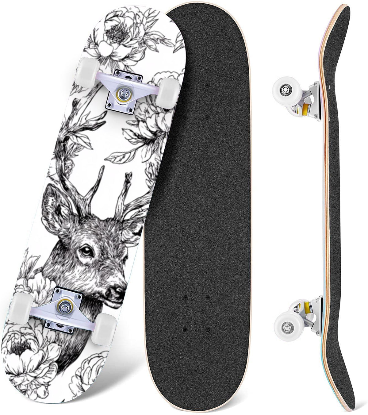 Starry Nebula Deep Blue Purple Tones Cosmic Clouds Stars 31" x 8" Complete Skateboard, 7-Ply Canadian Maple Double Kick Trick Board for Kids and Beginners Adult Gifts
