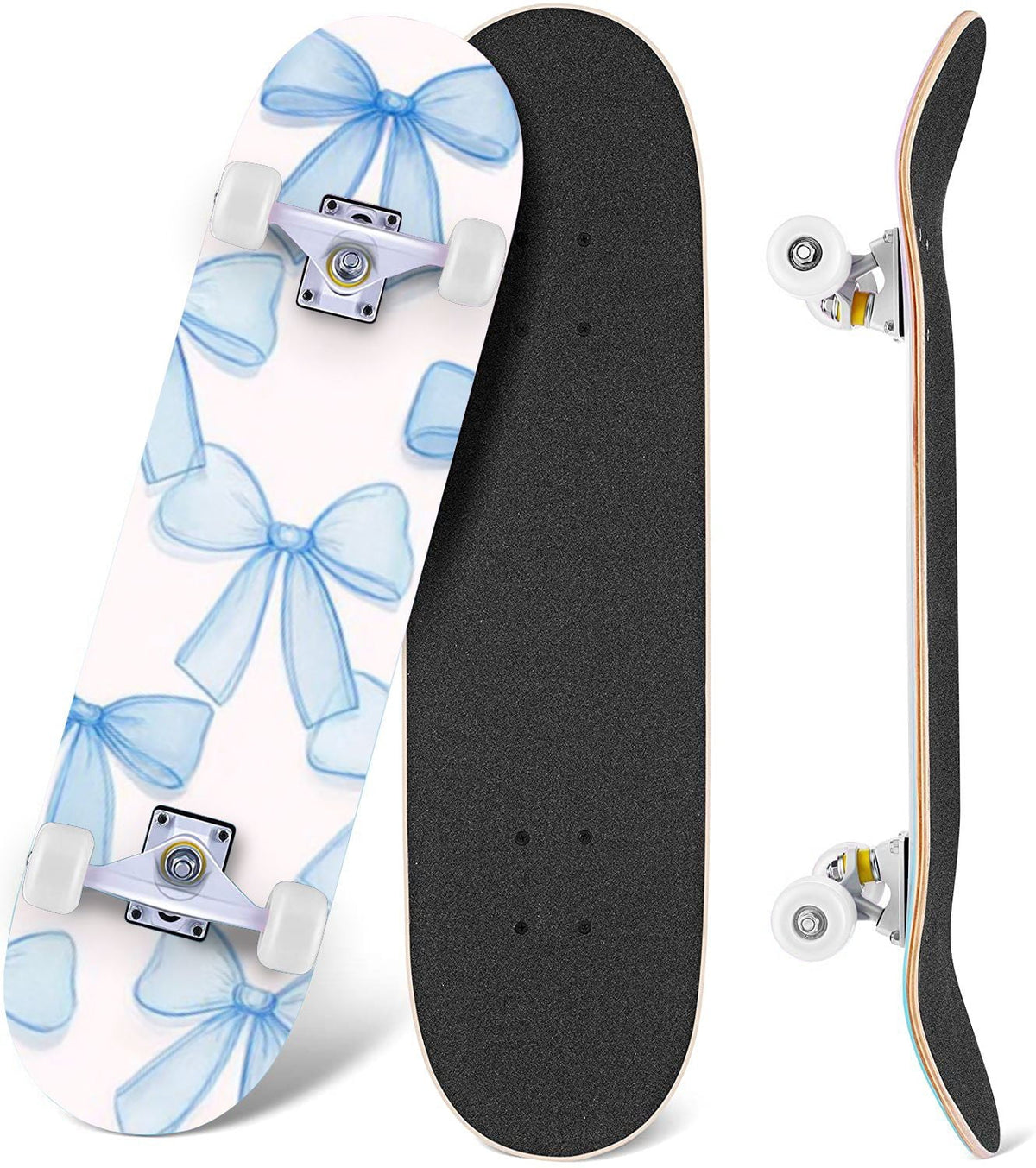 Delicate Pink Floral Ribbon Design 31" x 8" Complete Skateboard, 7-Ply Canadian Maple Double Kick Trick Board for Kids and Beginners Adult Gifts