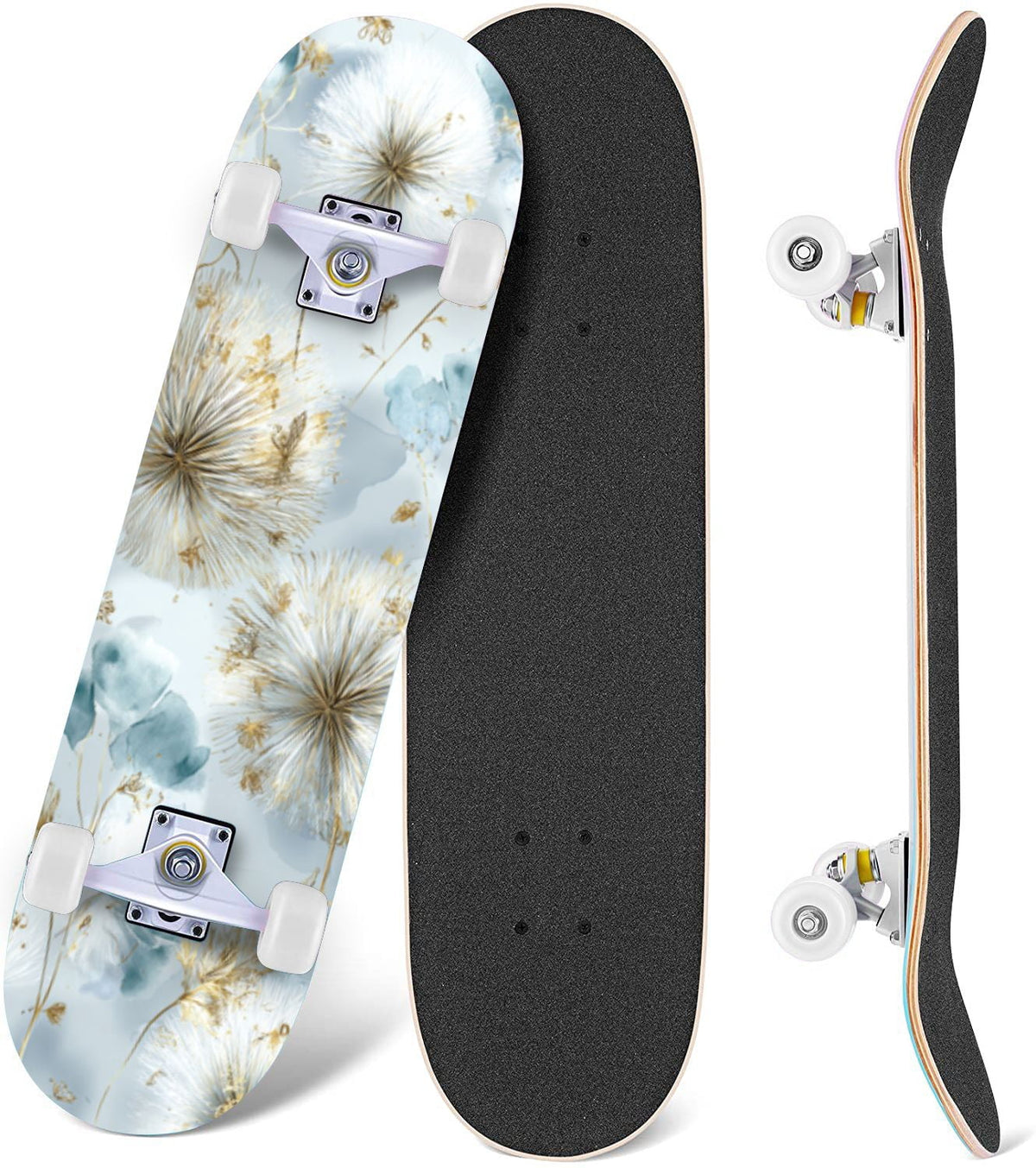 Vintage Damask Light Blue Brown Tones 31" x 8" Complete Skateboard, 7-Ply Canadian Maple Double Kick Trick Board for Kids and Beginners Adult Gifts