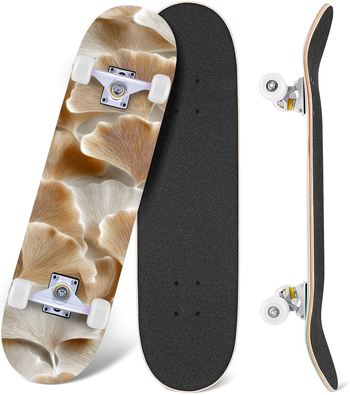 Beige Waves Flowing Lines 3D Effect 31" x 8" Complete Skateboard, 7-Ply Canadian Maple Double Kick Trick Board for Kids and Beginners Adult Gifts