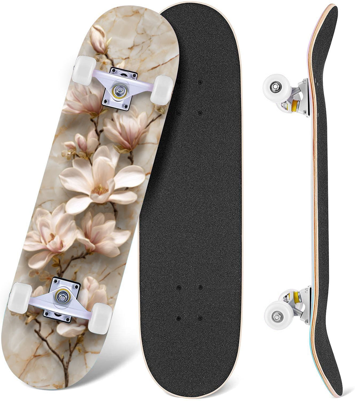 Botanical Birds Lemons Flowers Blue 31" x 8" Complete Skateboard, 7-Ply Canadian Maple Double Kick Trick Board for Kids and Beginners Adult Gifts