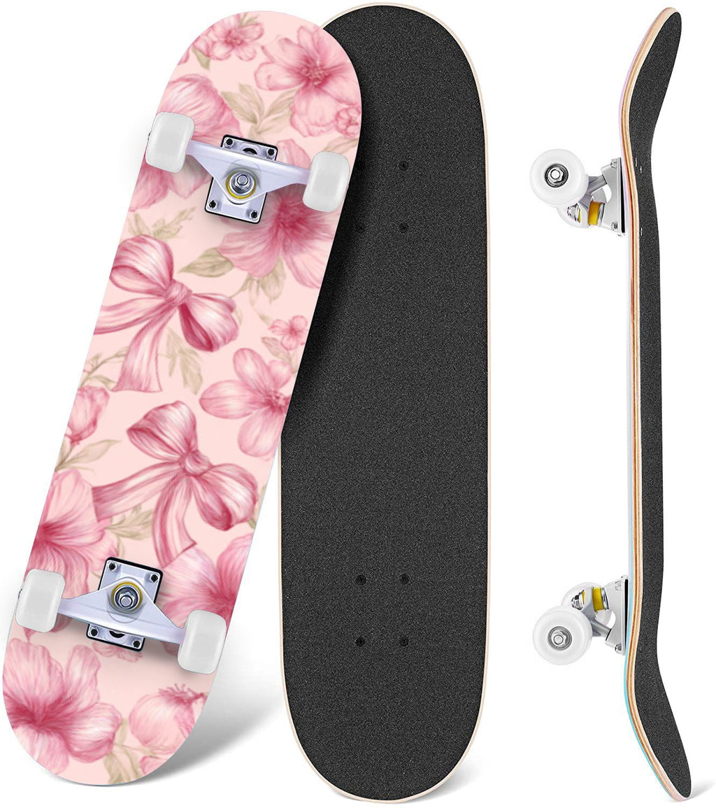 Delicate Pink Floral Ribbon Design 31" x 8" Complete Skateboard, 7-Ply Canadian Maple Double Kick Trick Board for Kids and Beginners Adult Gifts