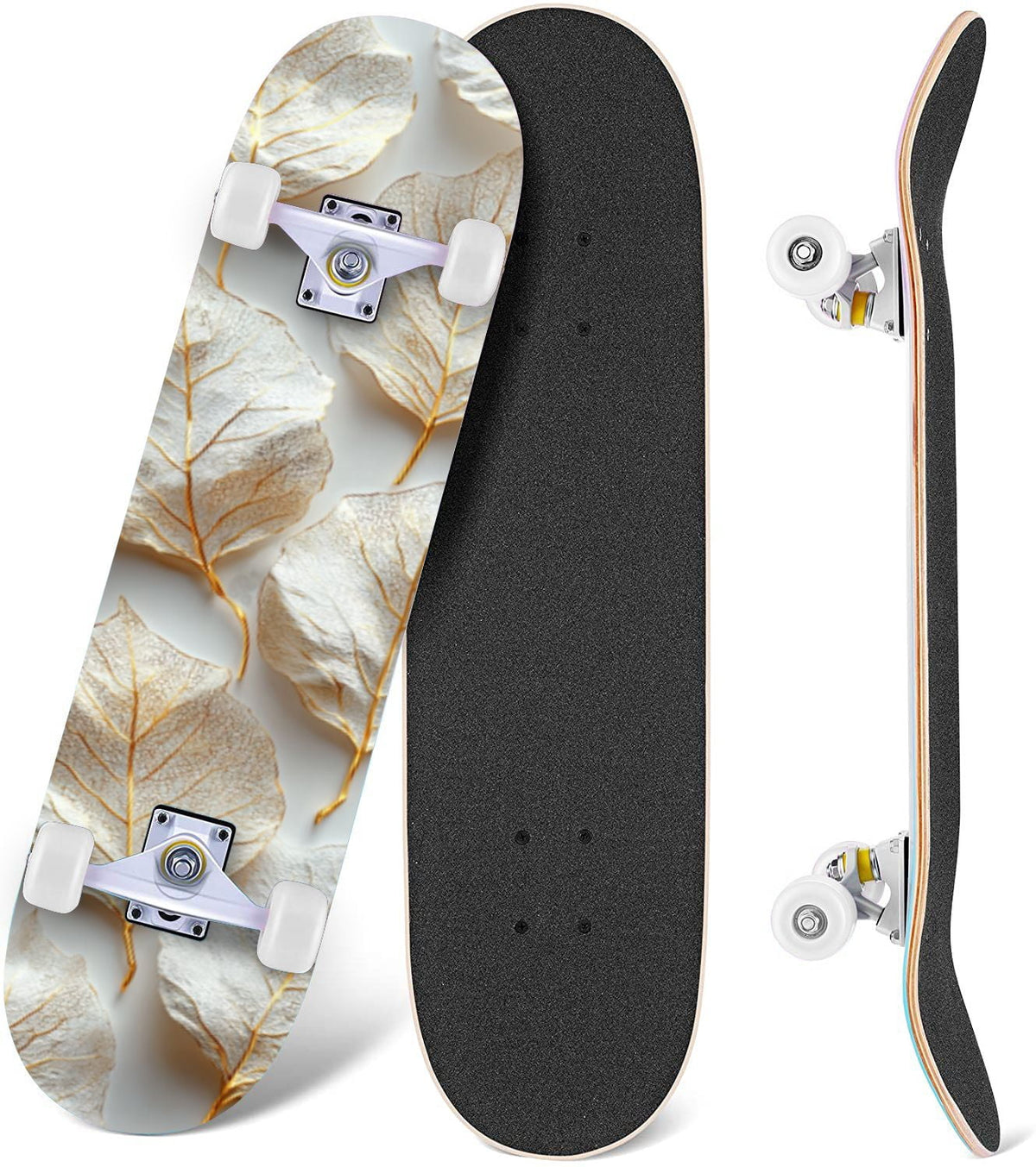 Delicate White Lotus Flowers Leaves Soft Blue 31" x 8" Complete Skateboard, 7-Ply Canadian Maple Double Kick Trick Board for Kids and Beginners Adult Gifts