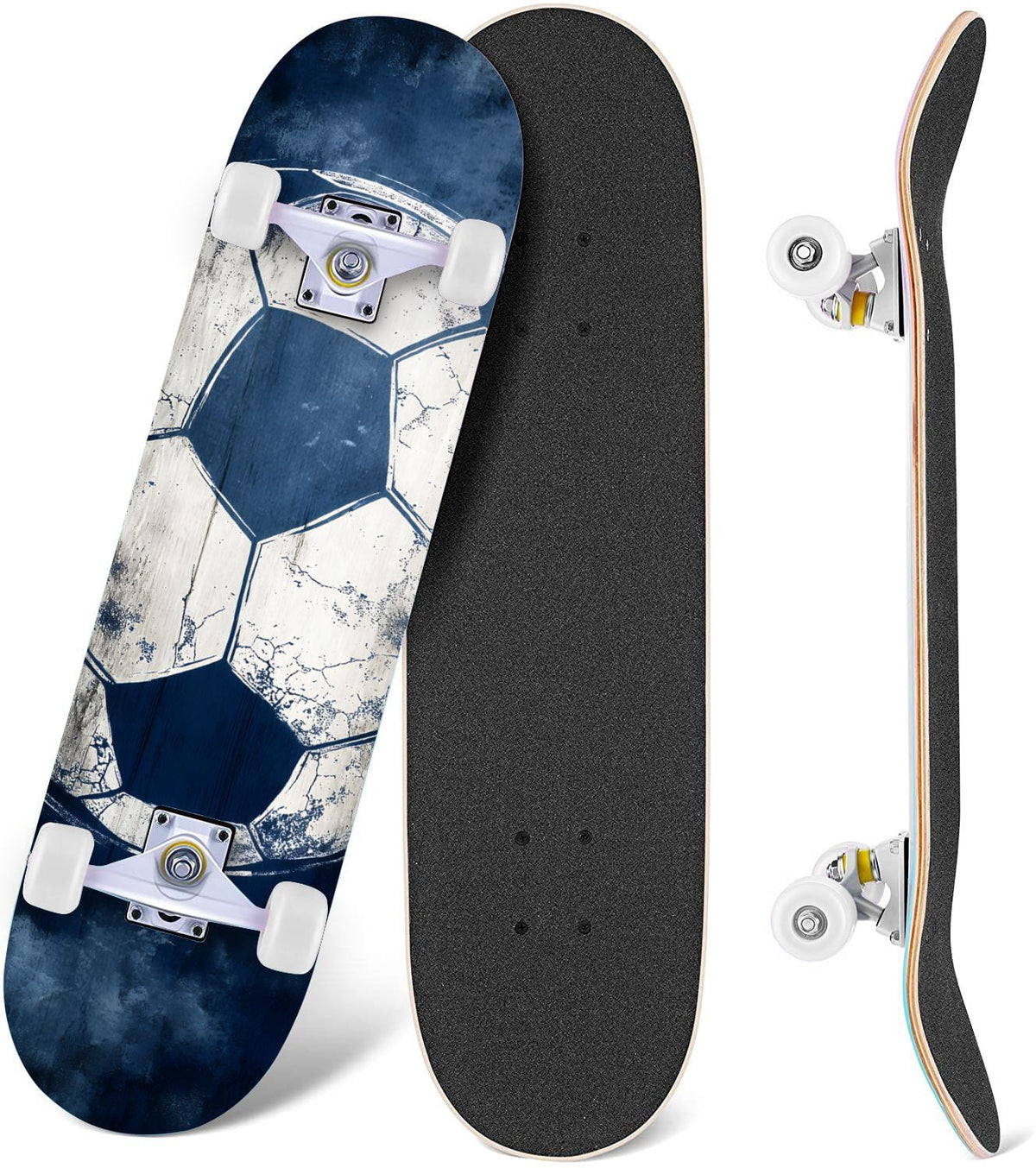 Dynamic Soccer Ball Explosion Energy Effects Stadium 31" x 8" Complete Skateboard, 7-Ply Canadian Maple Double Kick Trick Board for Kids and Beginners Adult Gifts