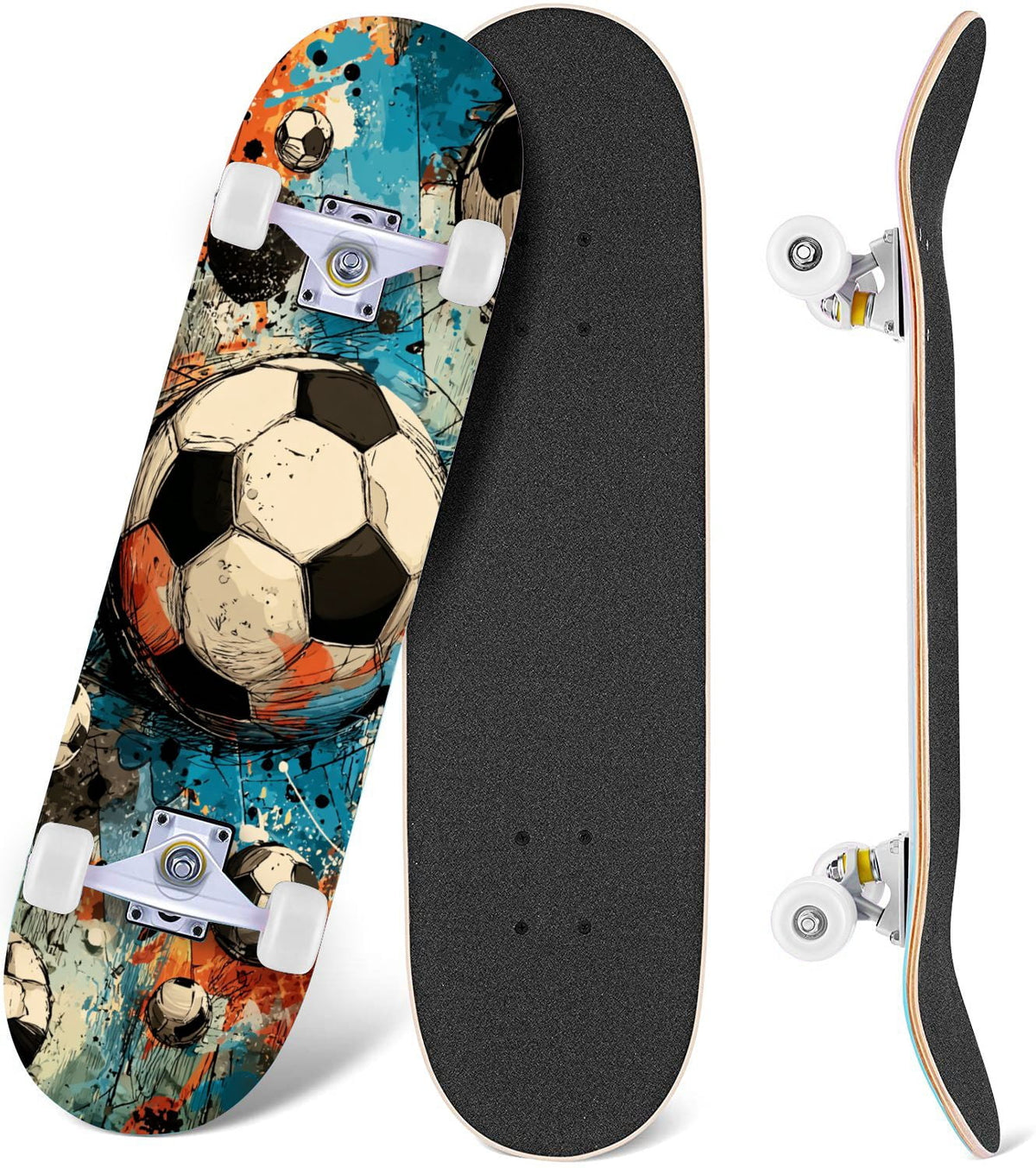 Dynamic Soccer Ball Explosion Energy Effects Stadium 31" x 8" Complete Skateboard, 7-Ply Canadian Maple Double Kick Trick Board for Kids and Beginners Adult Gifts