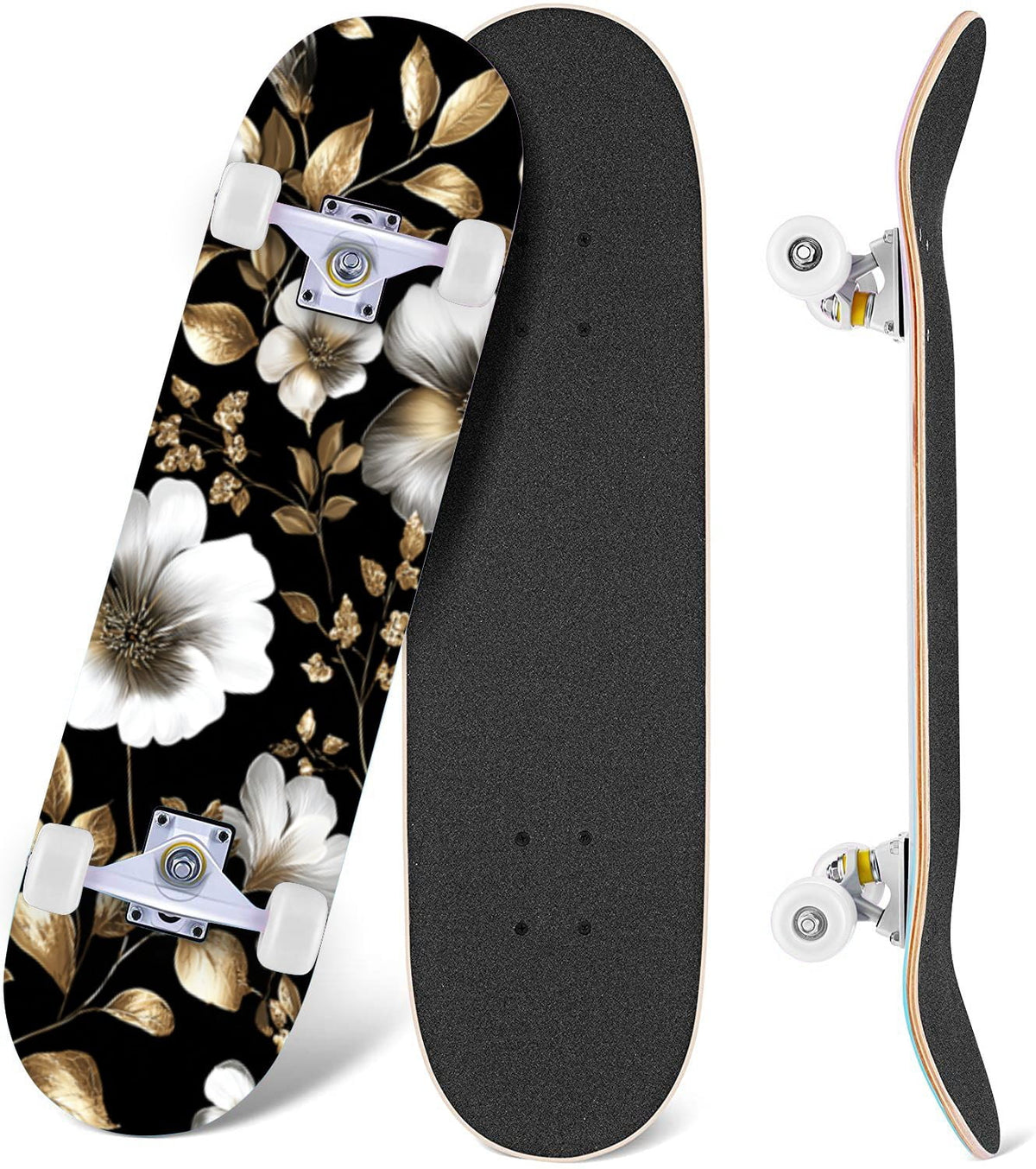 Dark Floral Wildflower Pink Yellow Blue Blooms 31" x 8" Complete Skateboard, 7-Ply Canadian Maple Double Kick Trick Board for Kids and Beginners Adult Gifts