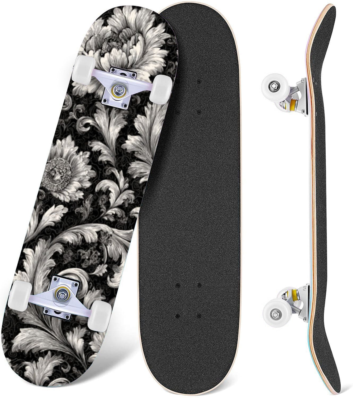 Vintage Floral Bird Sepia Tones 31" x 8" Complete Skateboard, 7-Ply Canadian Maple Double Kick Trick Board for Kids and Beginners Adult Gifts