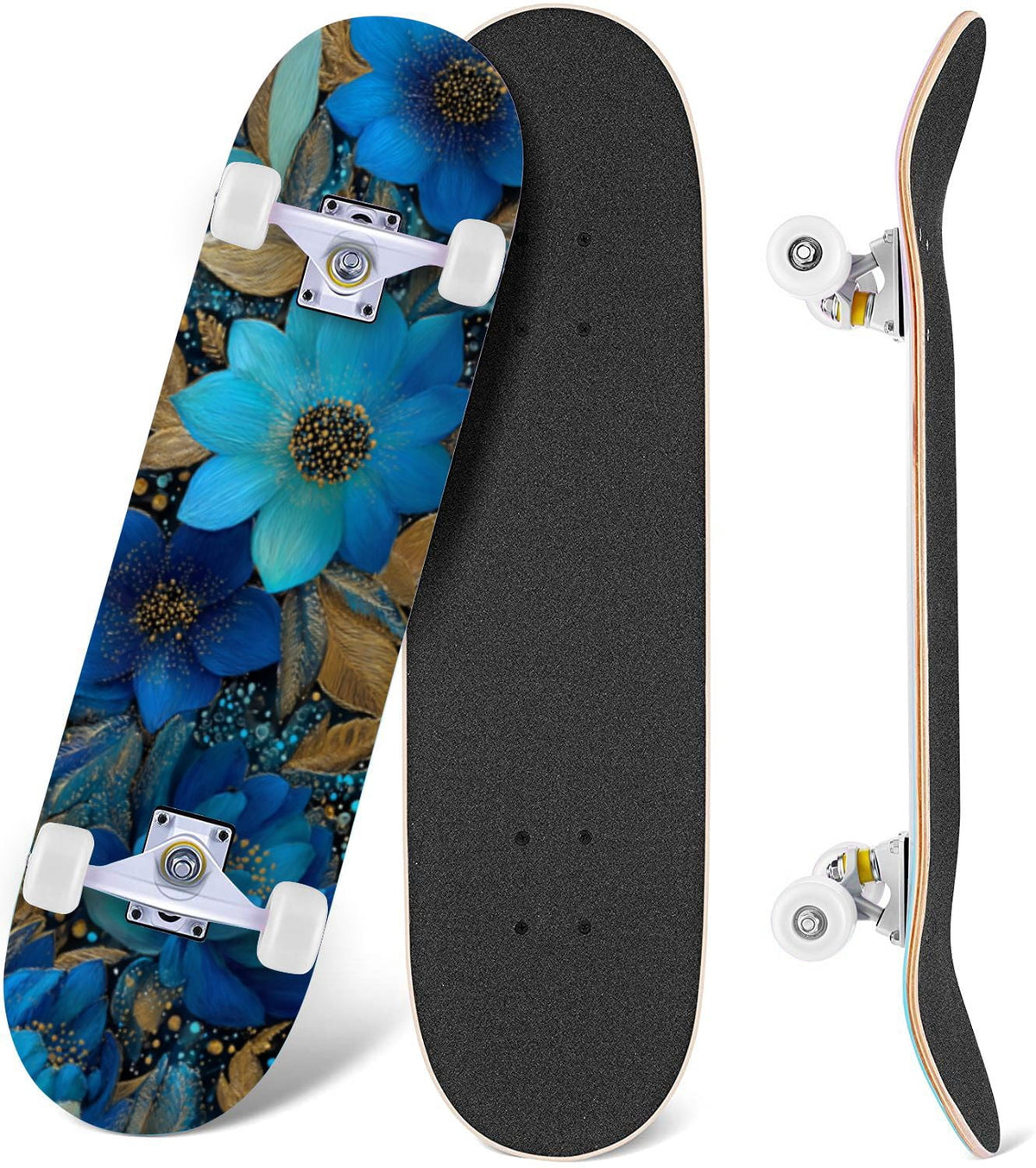 Watercolor Floral Shades Blue Grey Leaves 31" x 8" Complete Skateboard, 7-Ply Canadian Maple Double Kick Trick Board for Kids and Beginners Adult Gifts