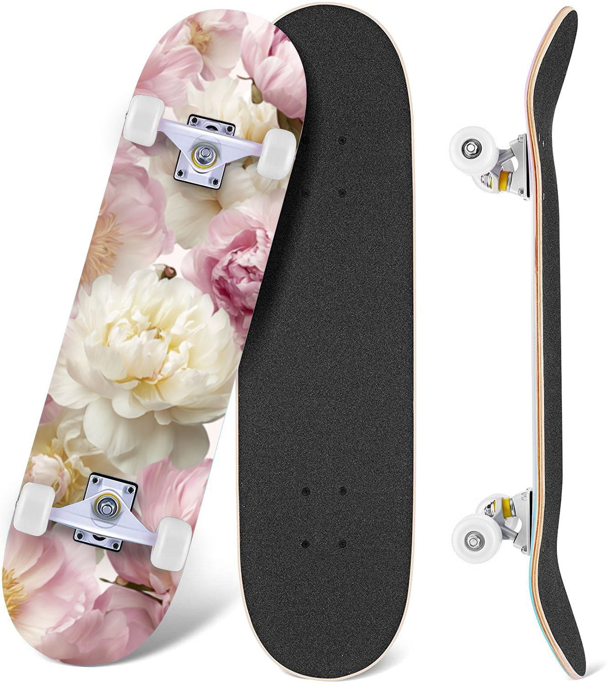Watercolor Botanical Blue Green Leaves Flowers 31" x 8" Complete Skateboard, 7-Ply Canadian Maple Double Kick Trick Board for Kids and Beginners Adult Gifts