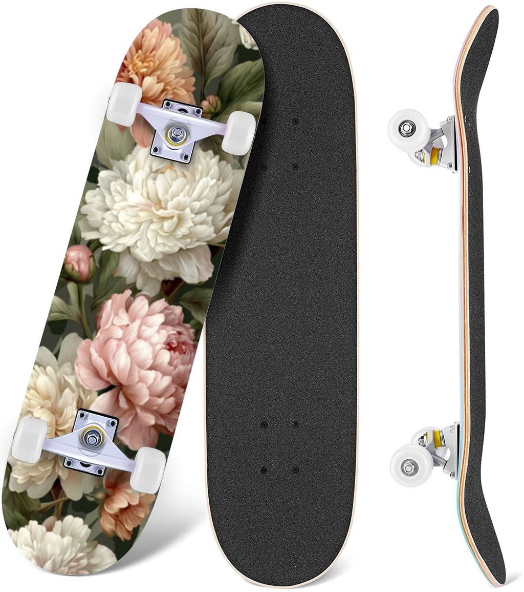 Elegant Cream Peach Peony Floral Green 31" x 8" Complete Skateboard, 7-Ply Canadian Maple Double Kick Trick Board for Kids and Beginners Adult Gifts