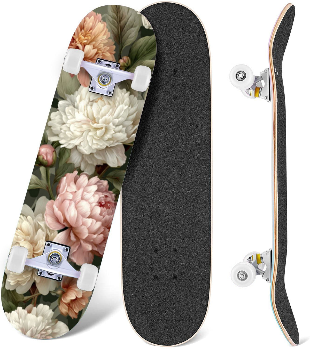 Elegant Cream Peach Peony Floral Green 31" x 8" Complete Skateboard, 7-Ply Canadian Maple Double Kick Trick Board for Kids and Beginners Adult Gifts
