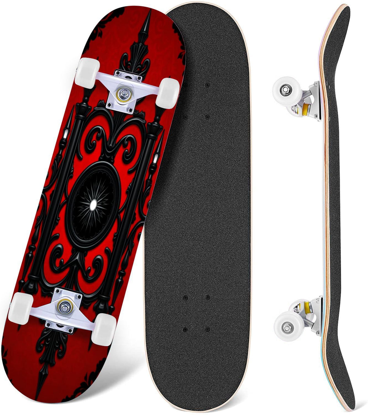 Red Mystic Circle Eyes Occult Symbols Dark Abstract Art 31" x 8" Complete Skateboard, 7-Ply Canadian Maple Double Kick Trick Board for Kids and Beginners Adult Gifts