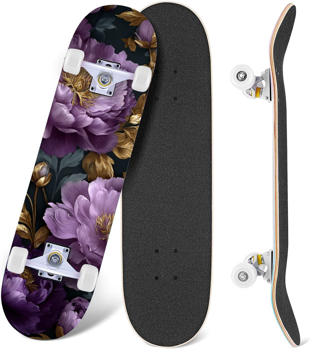 Elegant Cream Peach Peony Floral Green 31" x 8" Complete Skateboard, 7-Ply Canadian Maple Double Kick Trick Board for Kids and Beginners Adult Gifts