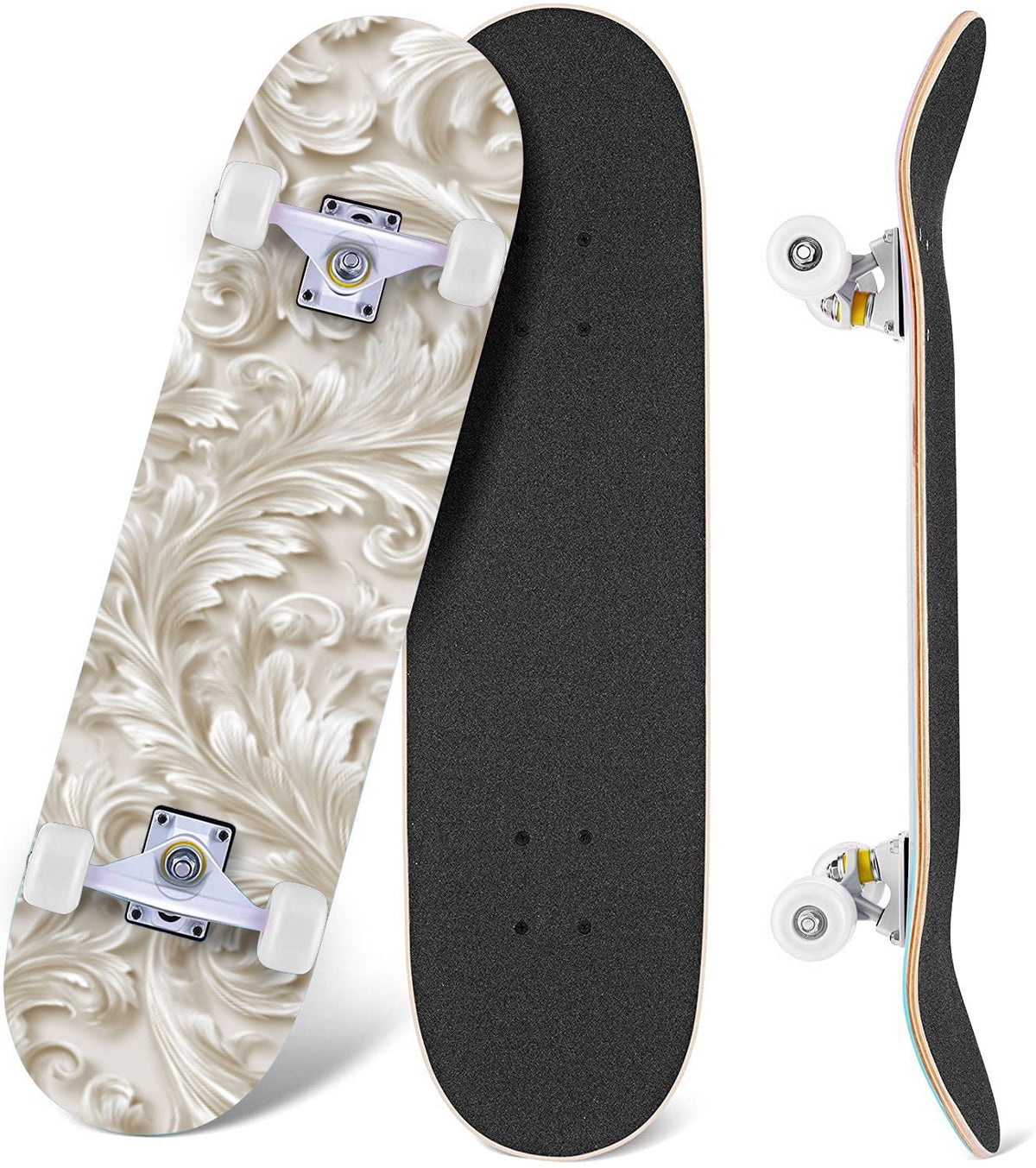 Elegant Purple Damask 31" x 8" Complete Skateboard, 7-Ply Canadian Maple Double Kick Trick Board for Kids and Beginners Adult Gifts