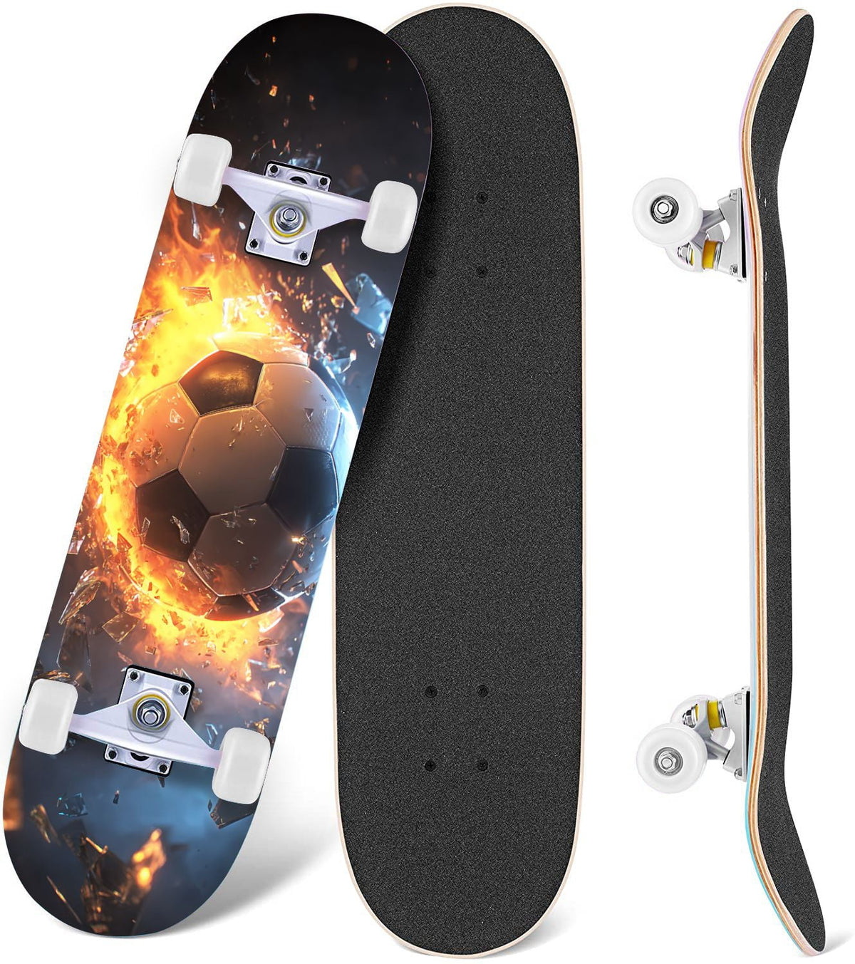 Dynamic Soccer Ball Explosion Energy Effects Stadium 31" x 8" Complete Skateboard, 7-Ply Canadian Maple Double Kick Trick Board for Kids and Beginners Adult Gifts