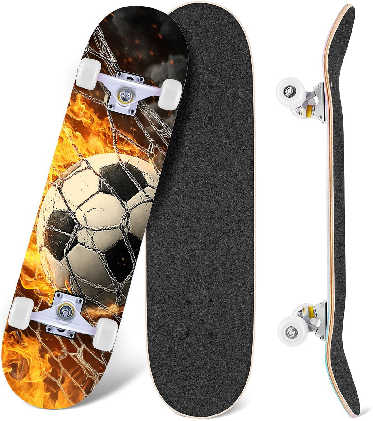 Dynamic Soccer Ball Explosion Energy Effects Stadium 31" x 8" Complete Skateboard, 7-Ply Canadian Maple Double Kick Trick Board for Kids and Beginners Adult Gifts