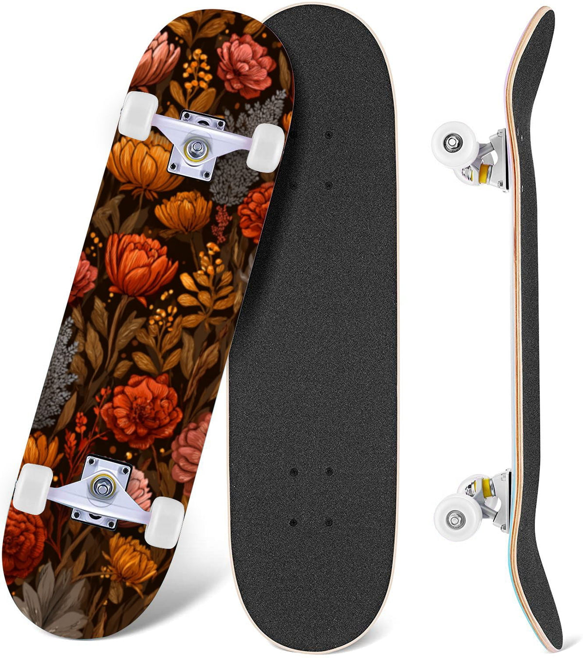 Golden Floral Line Art Seamless 31" x 8" Complete Skateboard, 7-Ply Canadian Maple Double Kick Trick Board for Kids and Beginners Adult Gifts