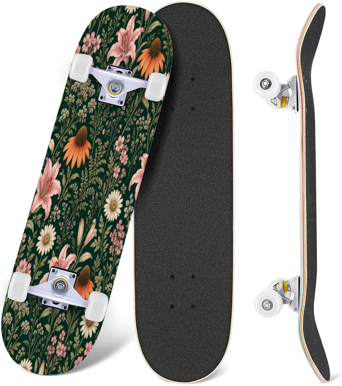 Forest Tree Wood Green Pine Trees Autumn Leaves Fog Misty 31" x 8" Complete Skateboard, 7-Ply Canadian Maple Double Kick Trick Board for Kids and Beginners Adult Gifts