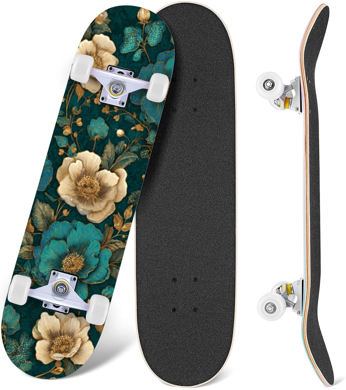 Vintage Floral Bird Sepia Tones 31" x 8" Complete Skateboard, 7-Ply Canadian Maple Double Kick Trick Board for Kids and Beginners Adult Gifts