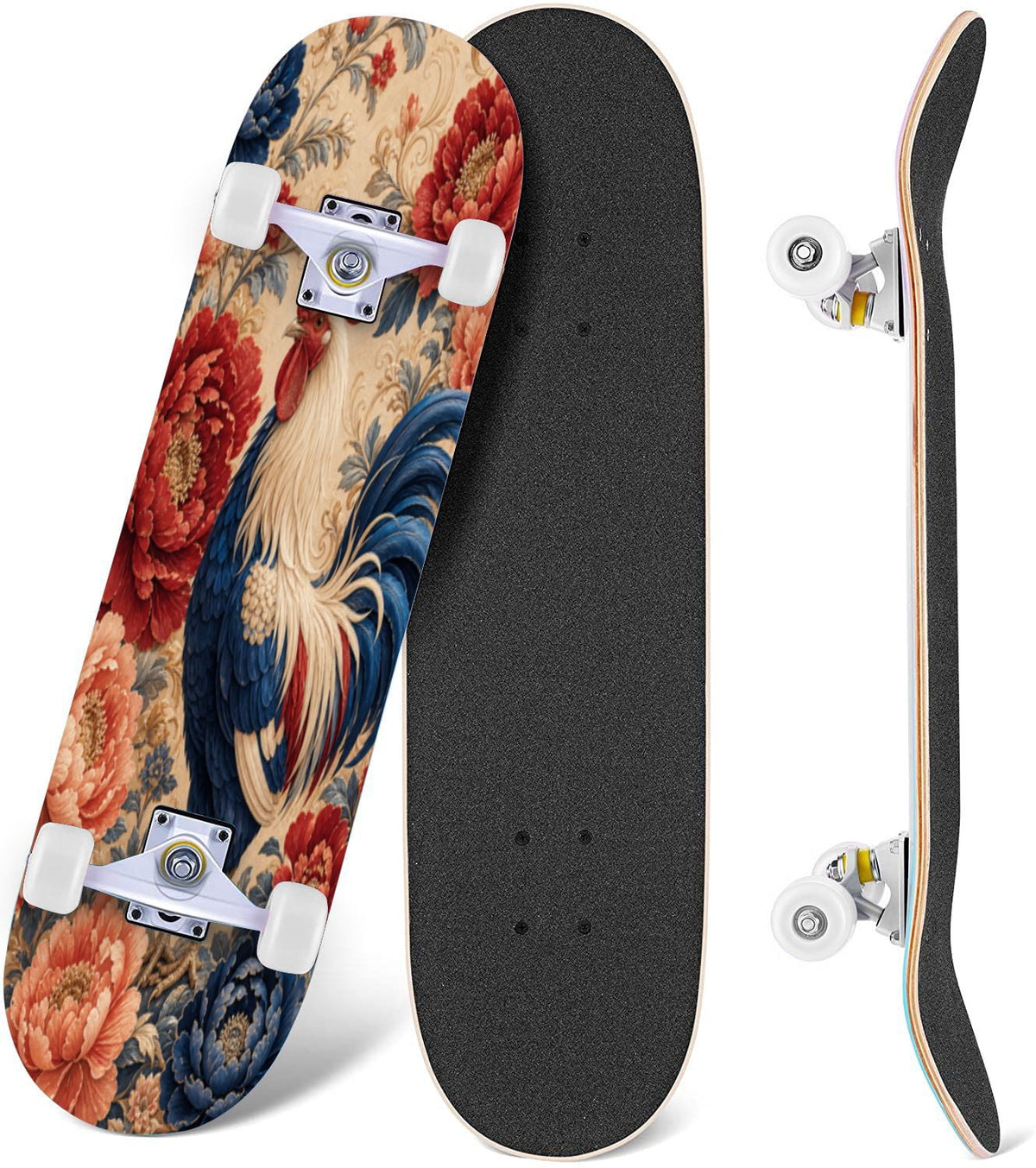 Rose Teal Rose Painting Turquoise Blue Flower Kitchen Decor 31" x 8" Complete Skateboard, 7-Ply Canadian Maple Double Kick Trick Board for Kids and Beginners Adult Gifts