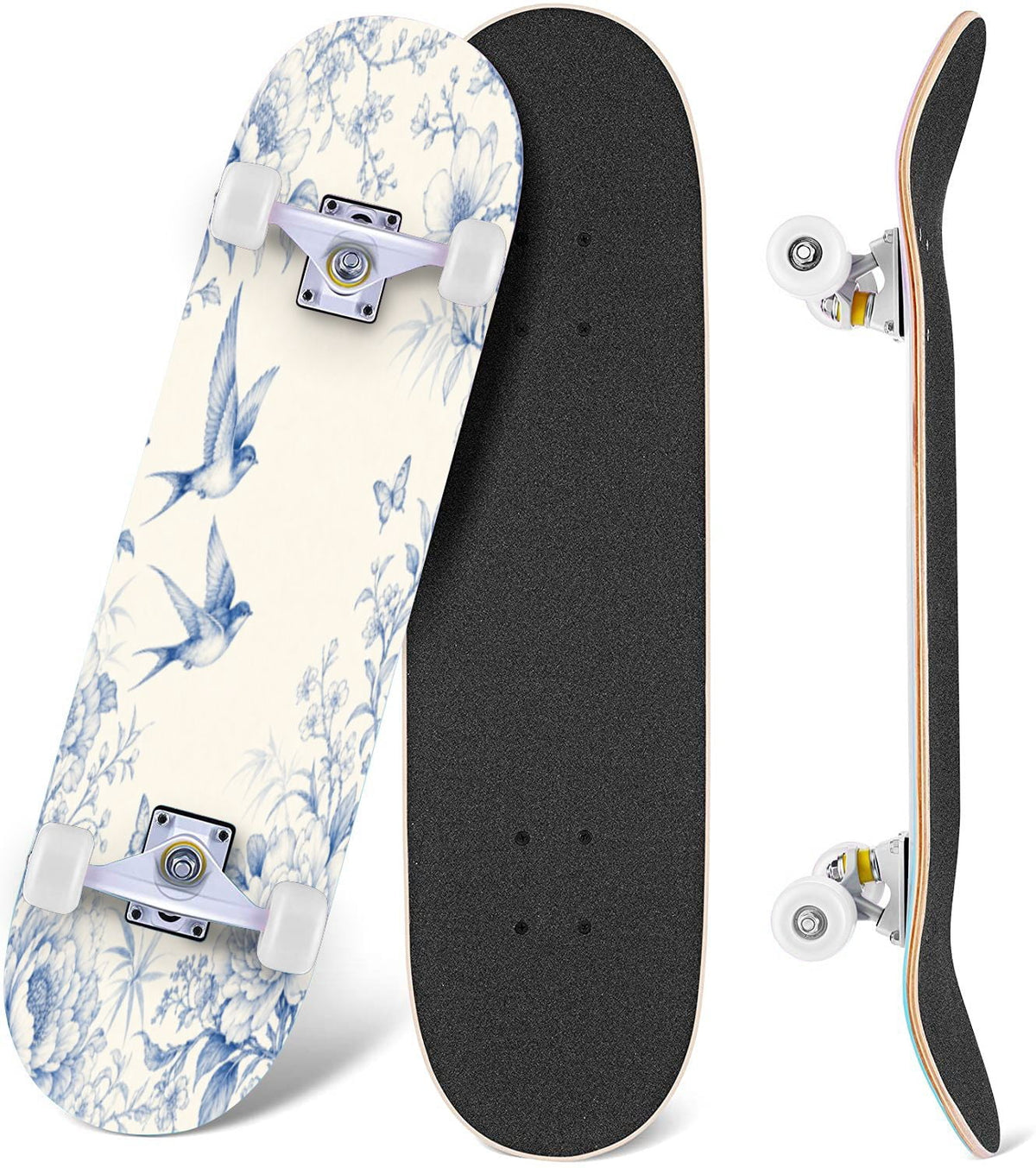 Modern Botanical Watercolor Pink Gold Mint Navy Leaves 31" x 8" Complete Skateboard, 7-Ply Canadian Maple Double Kick Trick Board for Kids and Beginners Adult Gifts