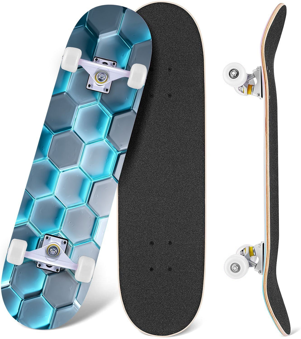 Futuristic Hexagonal Metallic Blue Glowing Orange Highlights 31" x 8" Complete Skateboard, 7-Ply Canadian Maple Double Kick Trick Board for Kids and Beginners Adult Gifts