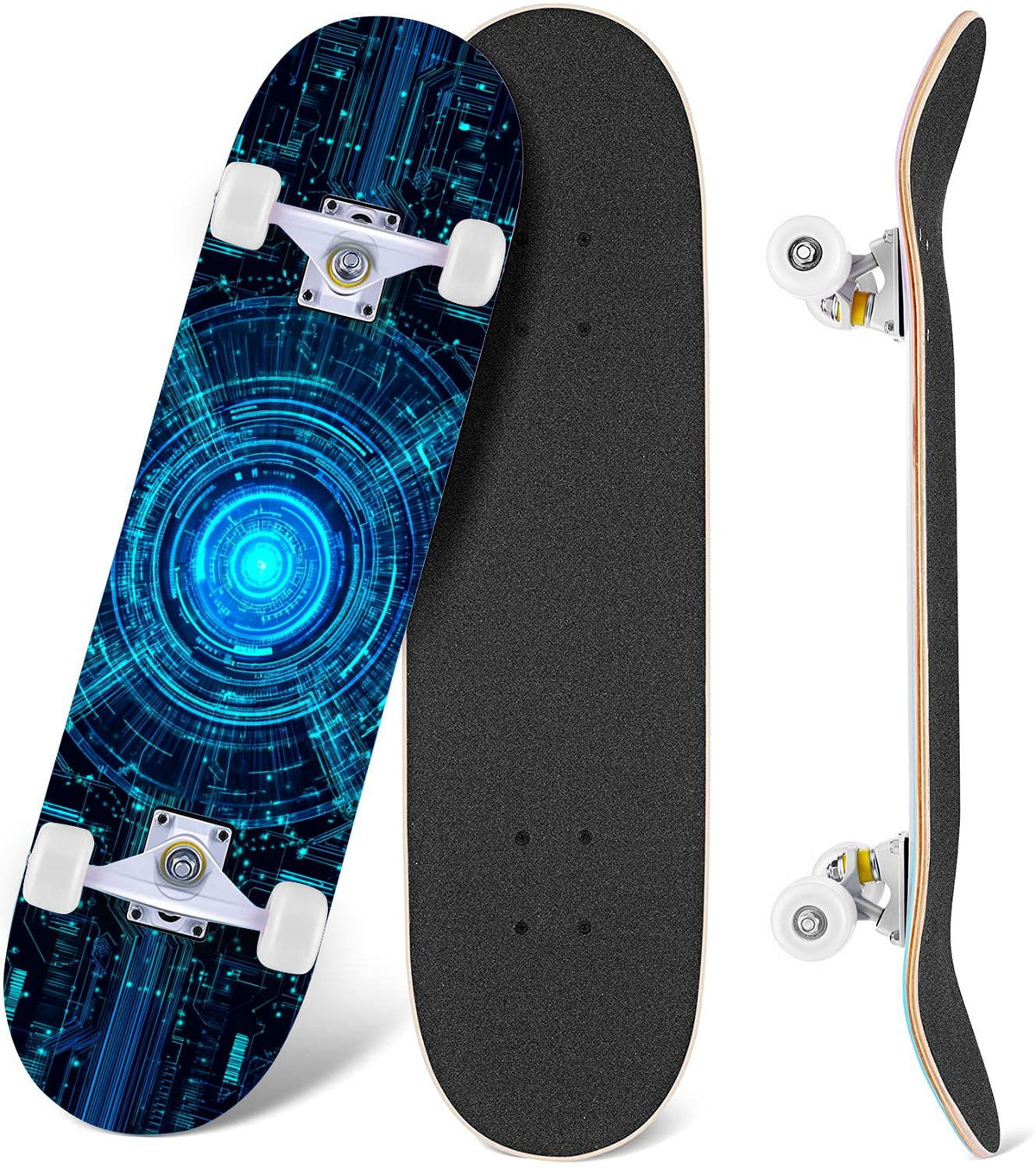 Futuristic Blue Abstract Technology Glowing Core 31" x 8" Complete Skateboard, 7-Ply Canadian Maple Double Kick Trick Board for Kids and Beginners Adult Gifts