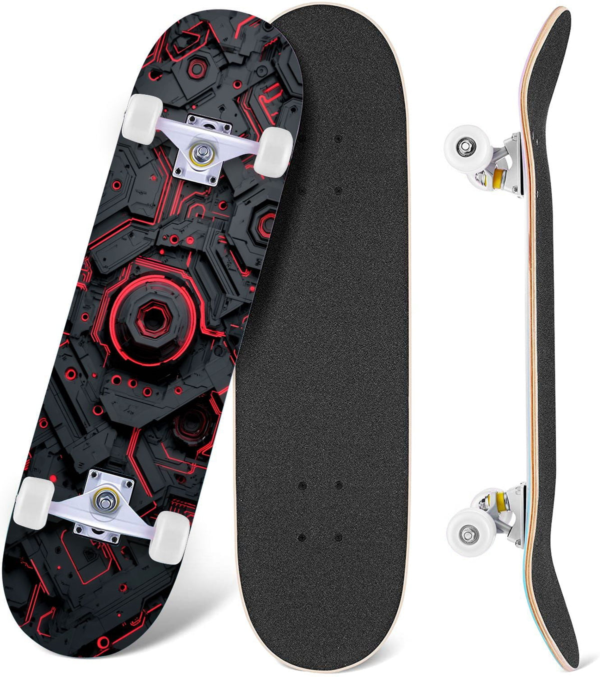 Futuristic Blue Abstract Technology Glowing Core 31" x 8" Complete Skateboard, 7-Ply Canadian Maple Double Kick Trick Board for Kids and Beginners Adult Gifts