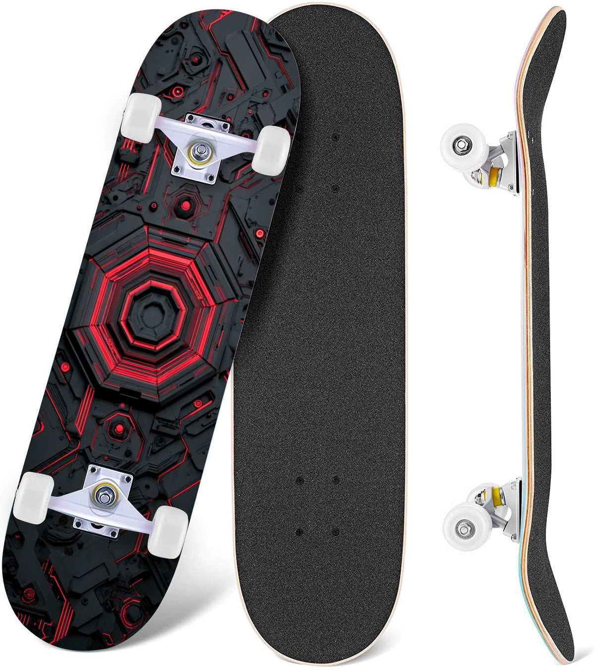 Futuristic Blue Abstract Technology Glowing Core 31" x 8" Complete Skateboard, 7-Ply Canadian Maple Double Kick Trick Board for Kids and Beginners Adult Gifts