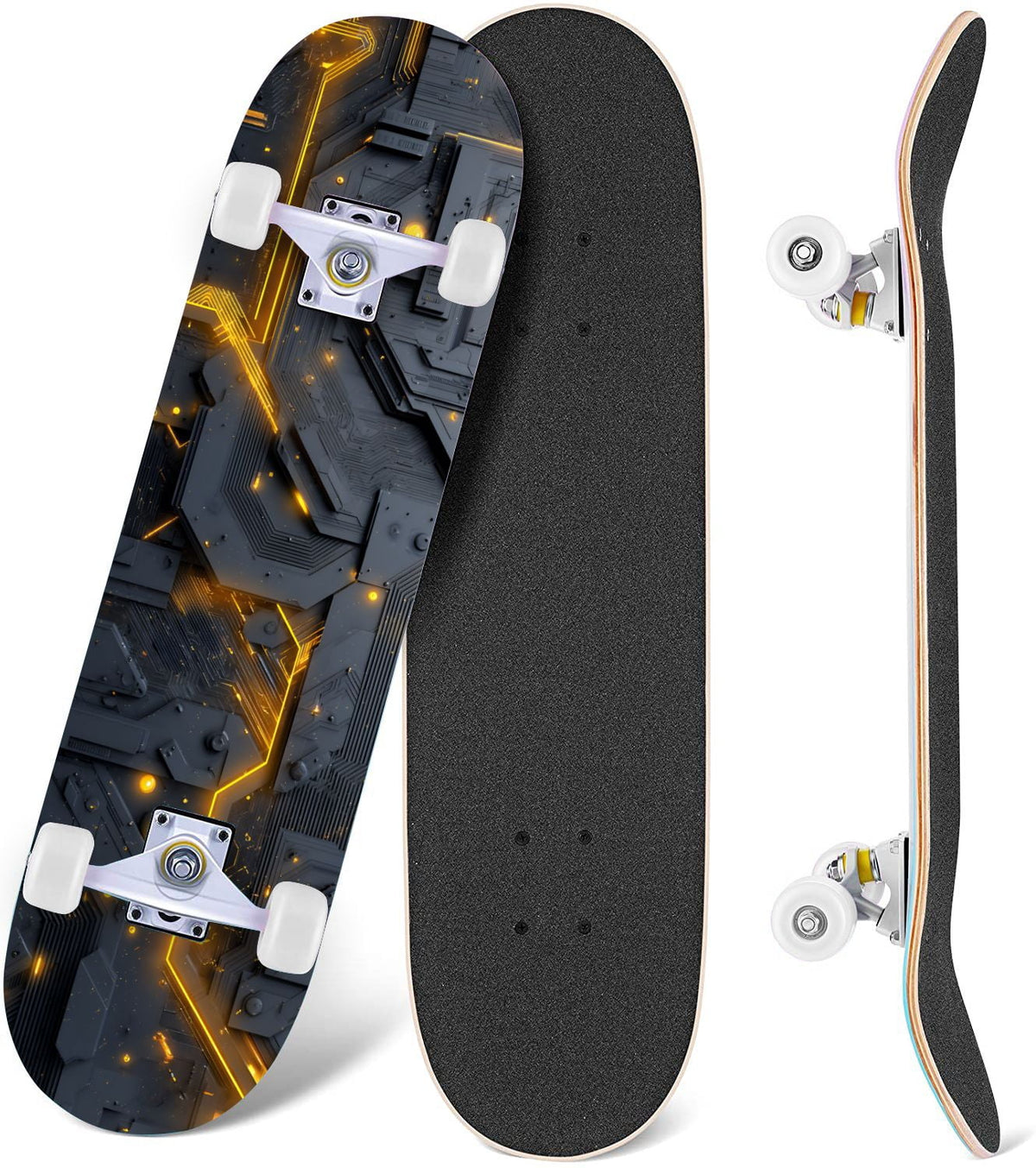 Futuristic Glowing Orange Neon Lines Dark Metallic Panels 31" x 8" Complete Skateboard, 7-Ply Canadian Maple Double Kick Trick Board for Kids and Beginners Adult Gifts