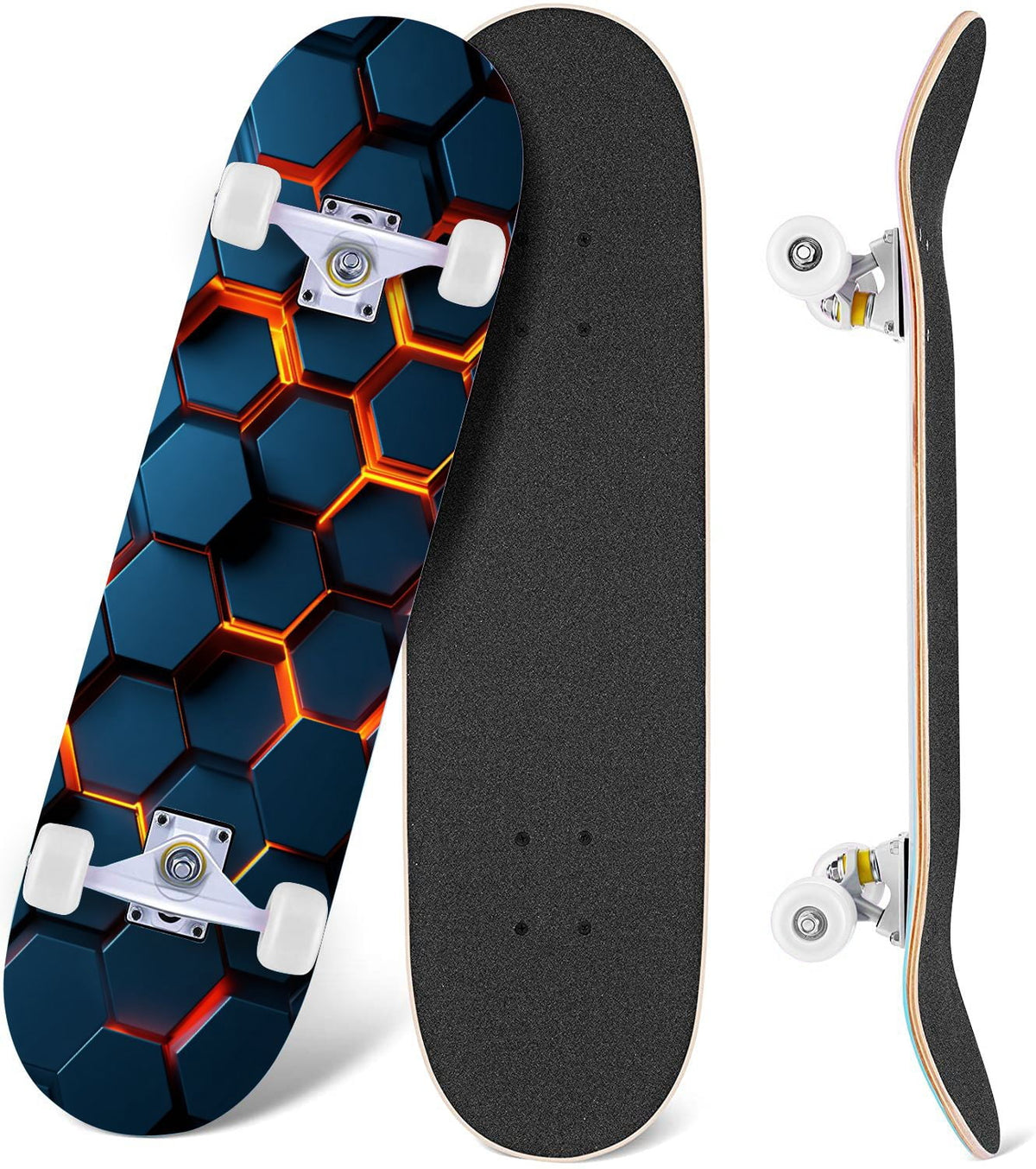 Futuristic Hexagonal Metallic Blue Glowing Orange Highlights 31" x 8" Complete Skateboard, 7-Ply Canadian Maple Double Kick Trick Board for Kids and Beginners Adult Gifts