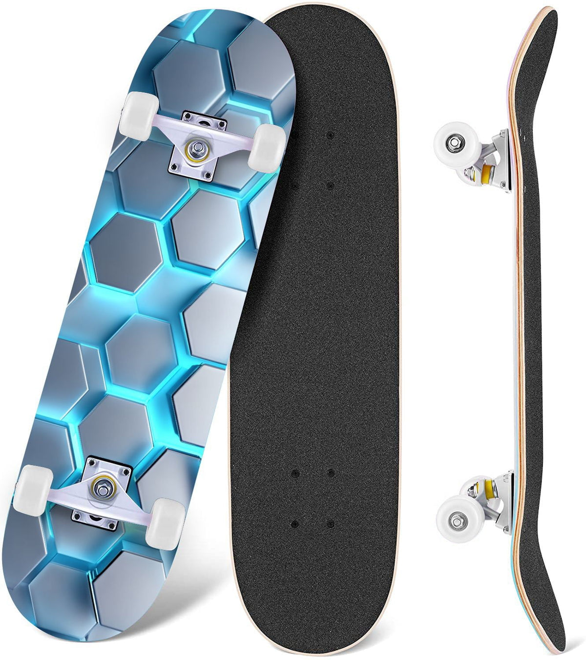 Futuristic Hexagonal Metallic Blue Glowing Orange Highlights 31" x 8" Complete Skateboard, 7-Ply Canadian Maple Double Kick Trick Board for Kids and Beginners Adult Gifts